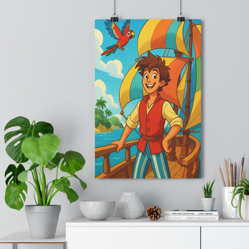 Poster décoratif enfant aventure mer joyeux perroquet coloré chambre navire île dynamique 30x46 cm