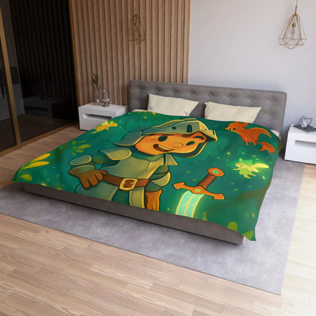 Housse de couette féerique avec chevalier enfantin, épée lumineuse et créatures enchantées