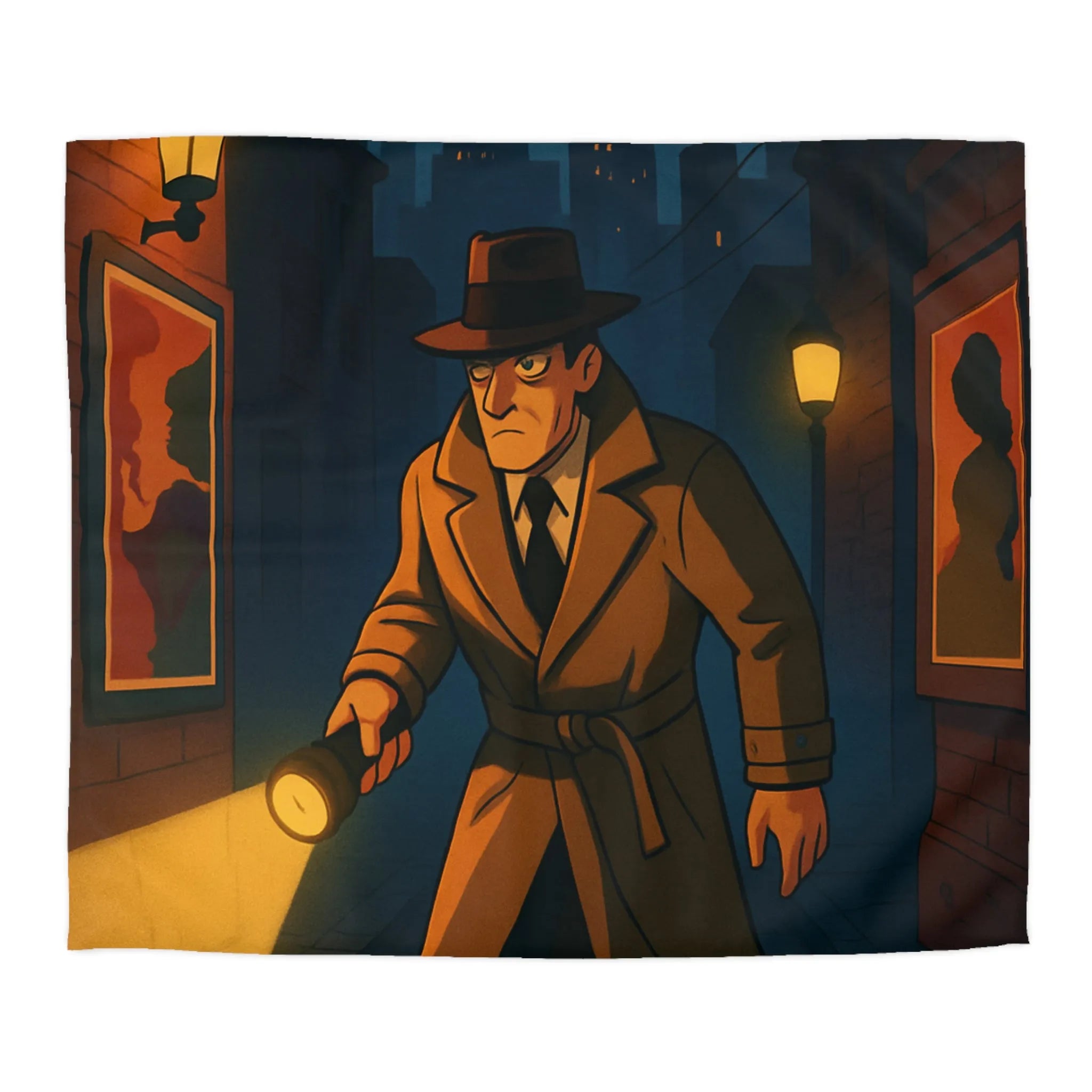 Housse de couette détective vintage explorant ruelle sombre sous pleine lune mystérieuse