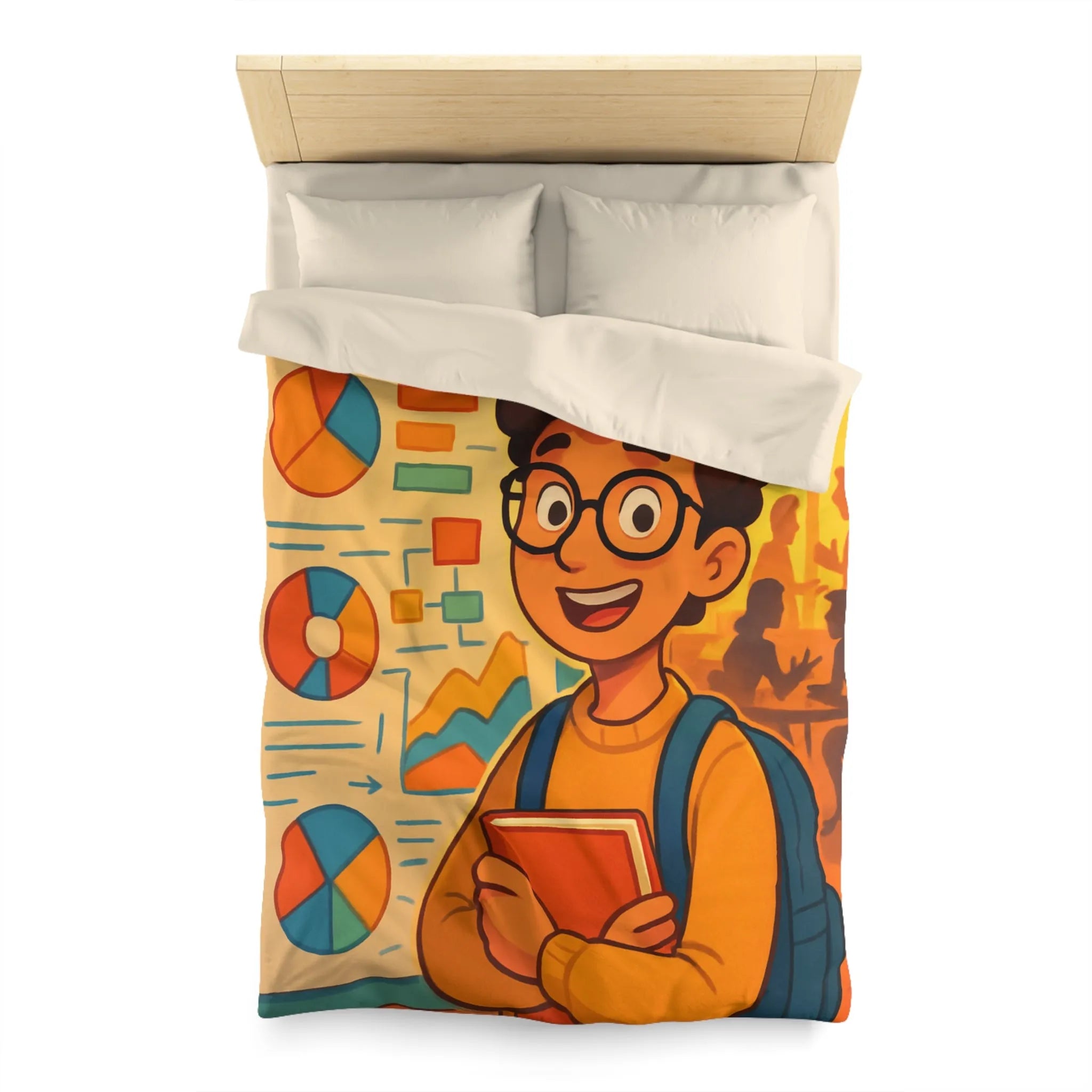 Housse de couette avec motif graphique coloré et personnage étudiant portant lunettes