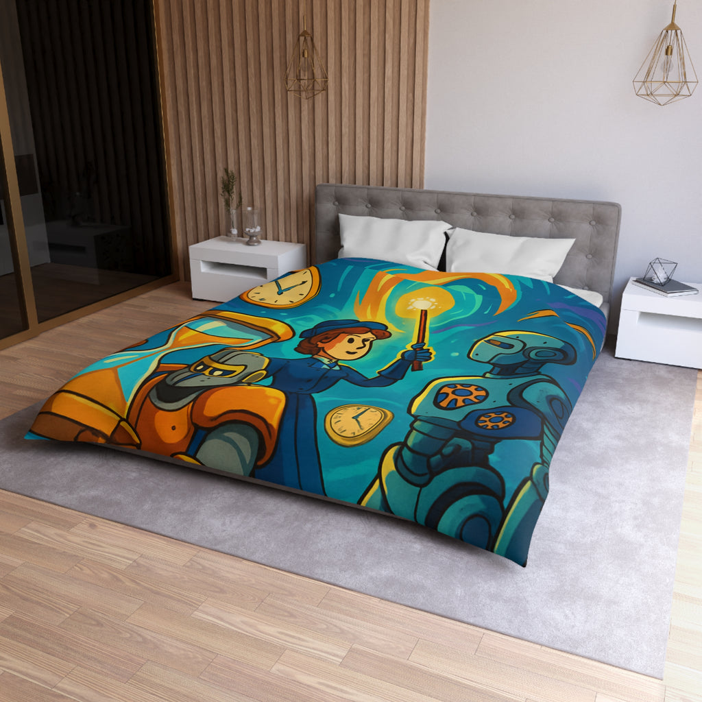 Housse de couette thème science fiction avec robots et horloges pour chambre moderne