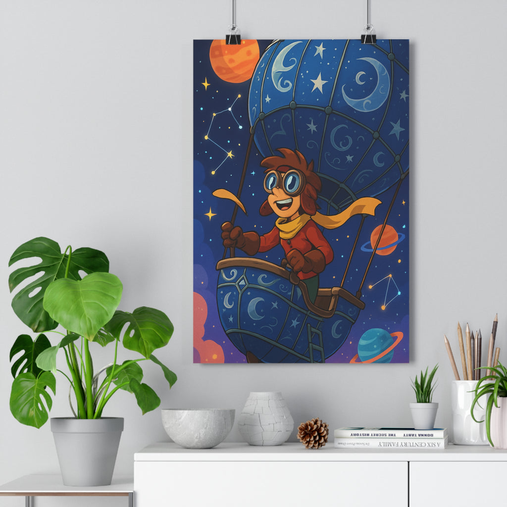 Poster décoratif cartoon bleu orange aventure ciel étoilé enfant chambre explorateur montgolfière dessin animé