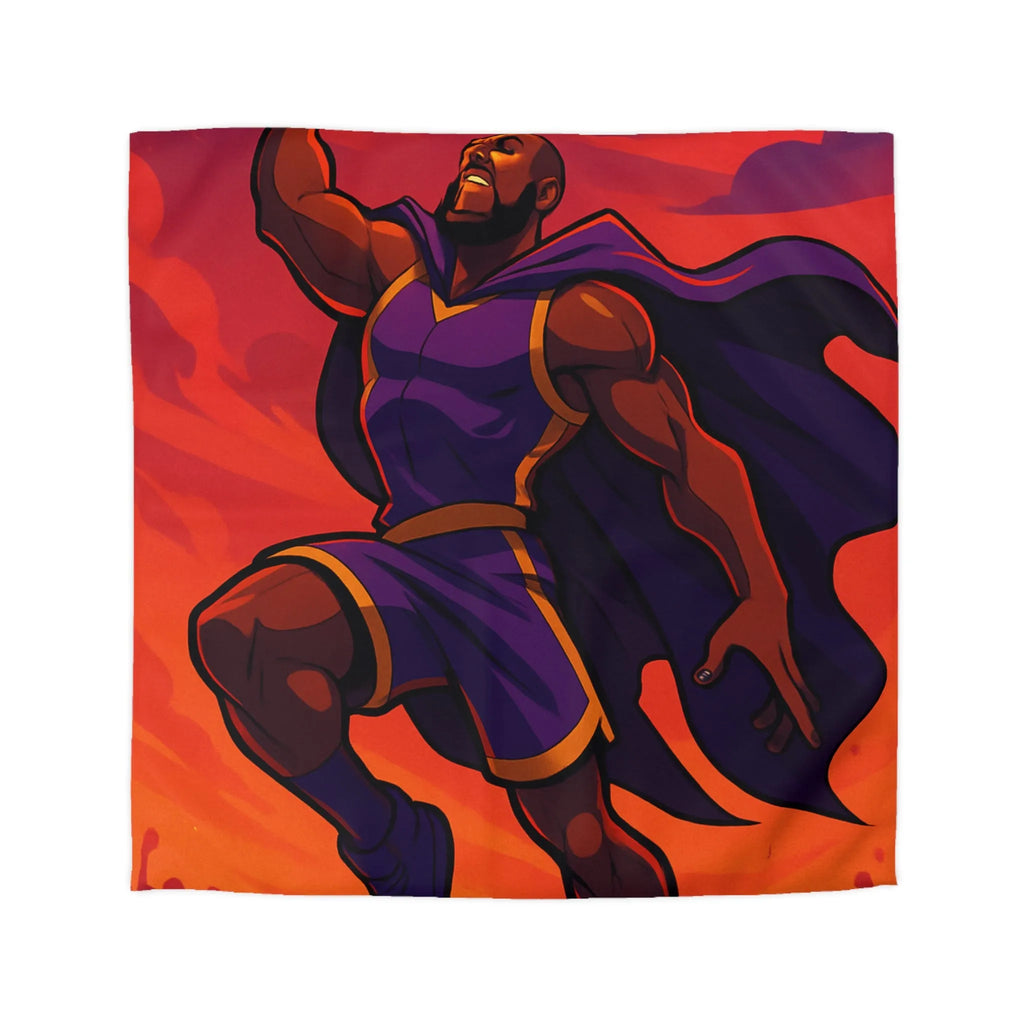 Housse de couette homme volant avec cape et ballon lumineux sur fond orange