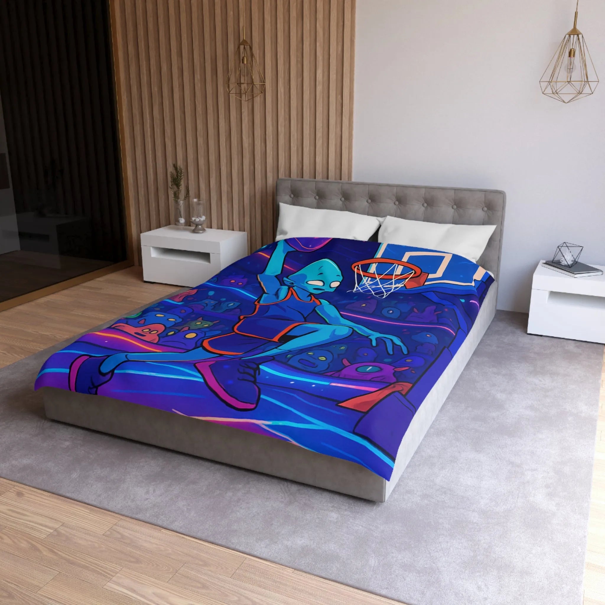 Housse de Couette Design Extraterrestre Jouant au Basketball dans une Arène Psychédélique