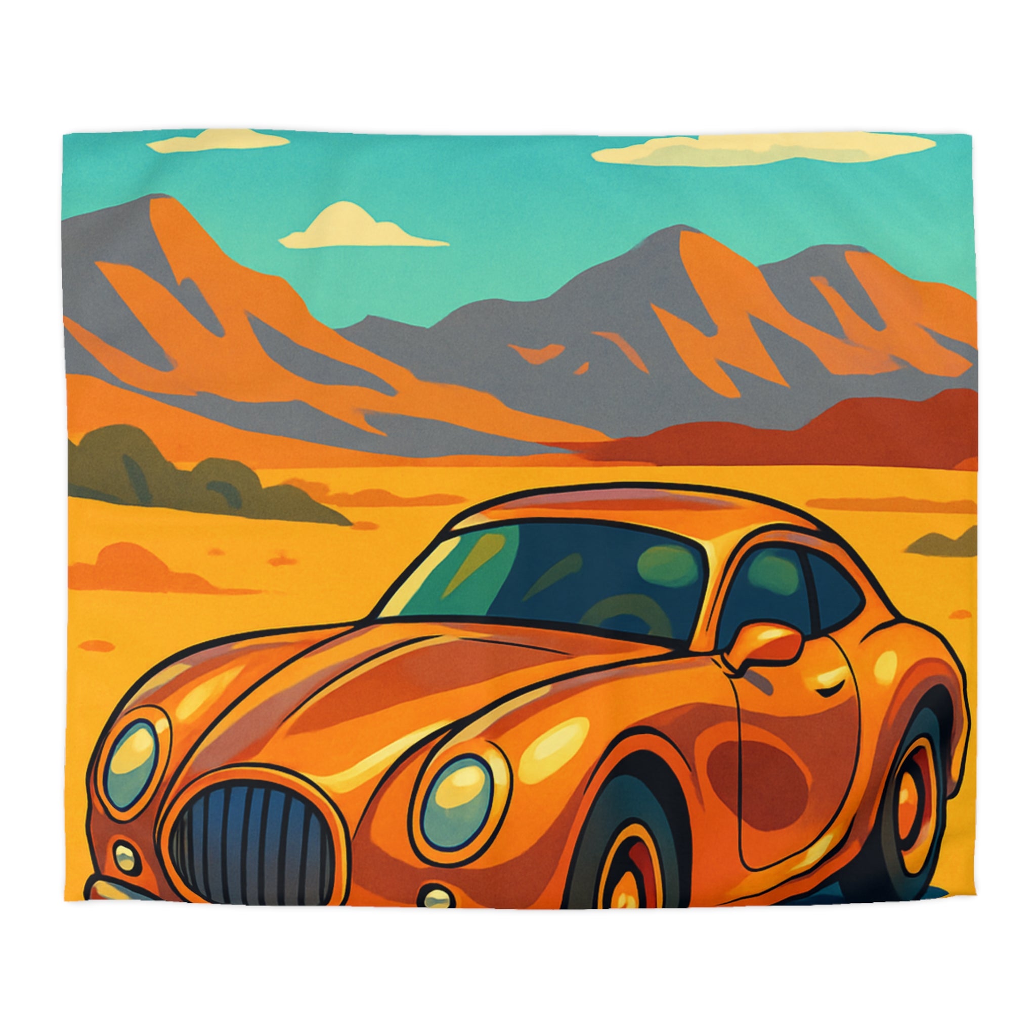 Housse de couette style rétro avec voiture orange désert paisible montagnes lointaines