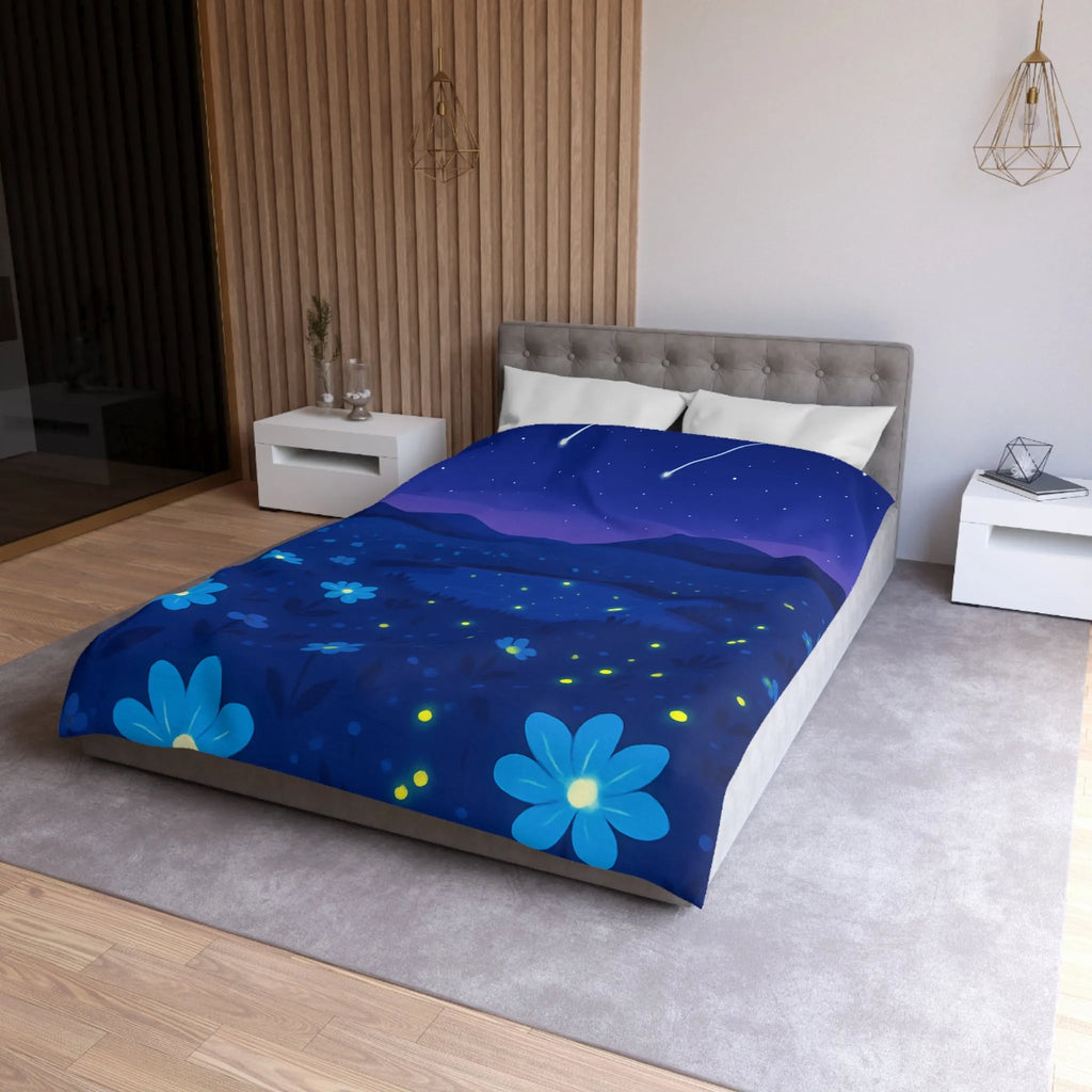 Housse de couette ciel étoilé bleu profond avec fleurs et étoiles filantes éblouissantes