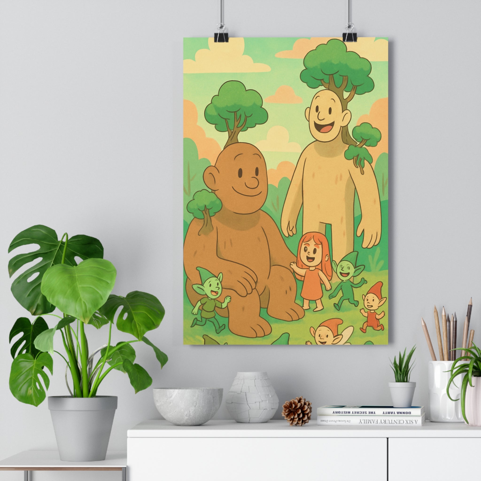 Poster décoratif fantastique géant nain pastel vert beige onirique apaisant chambre enfant 30x46 qualité