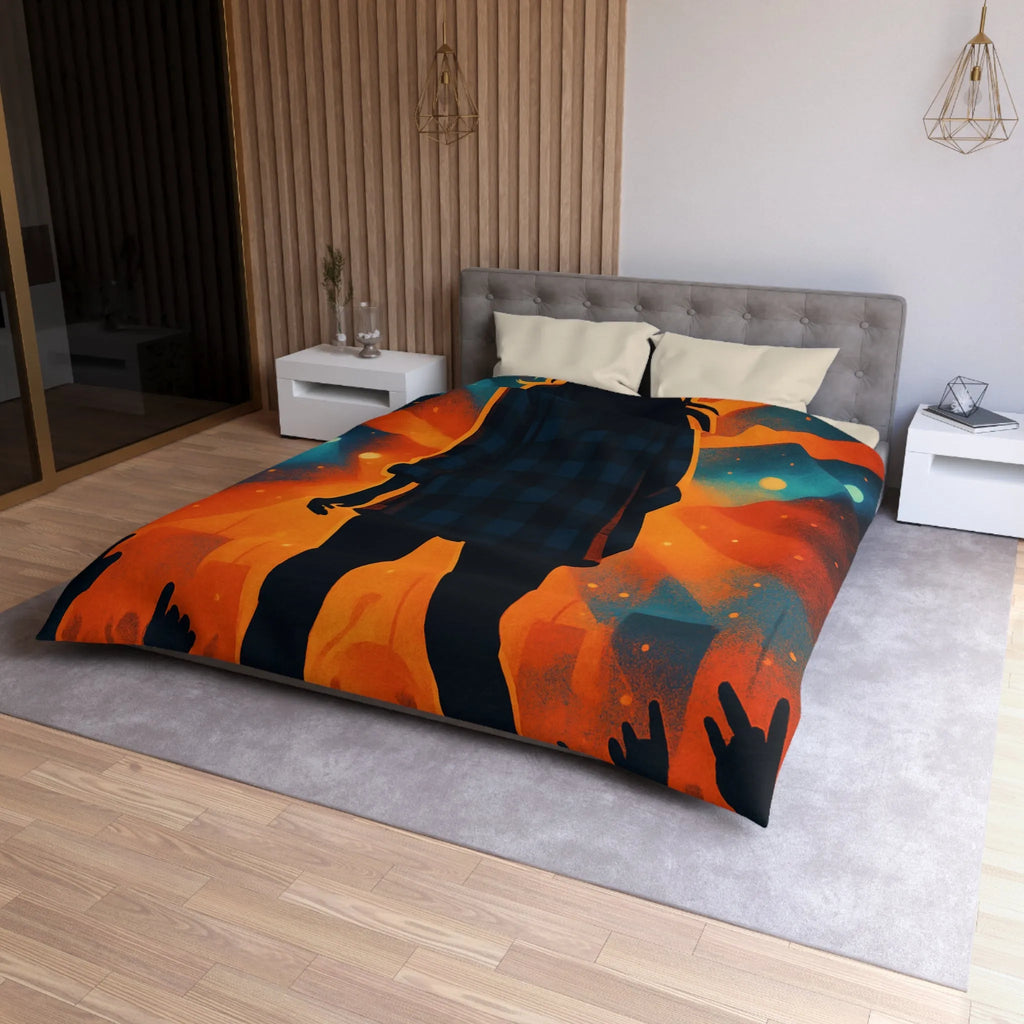 Housse de couette concert silhouette musicien rétro rayons de lumière colorés scène