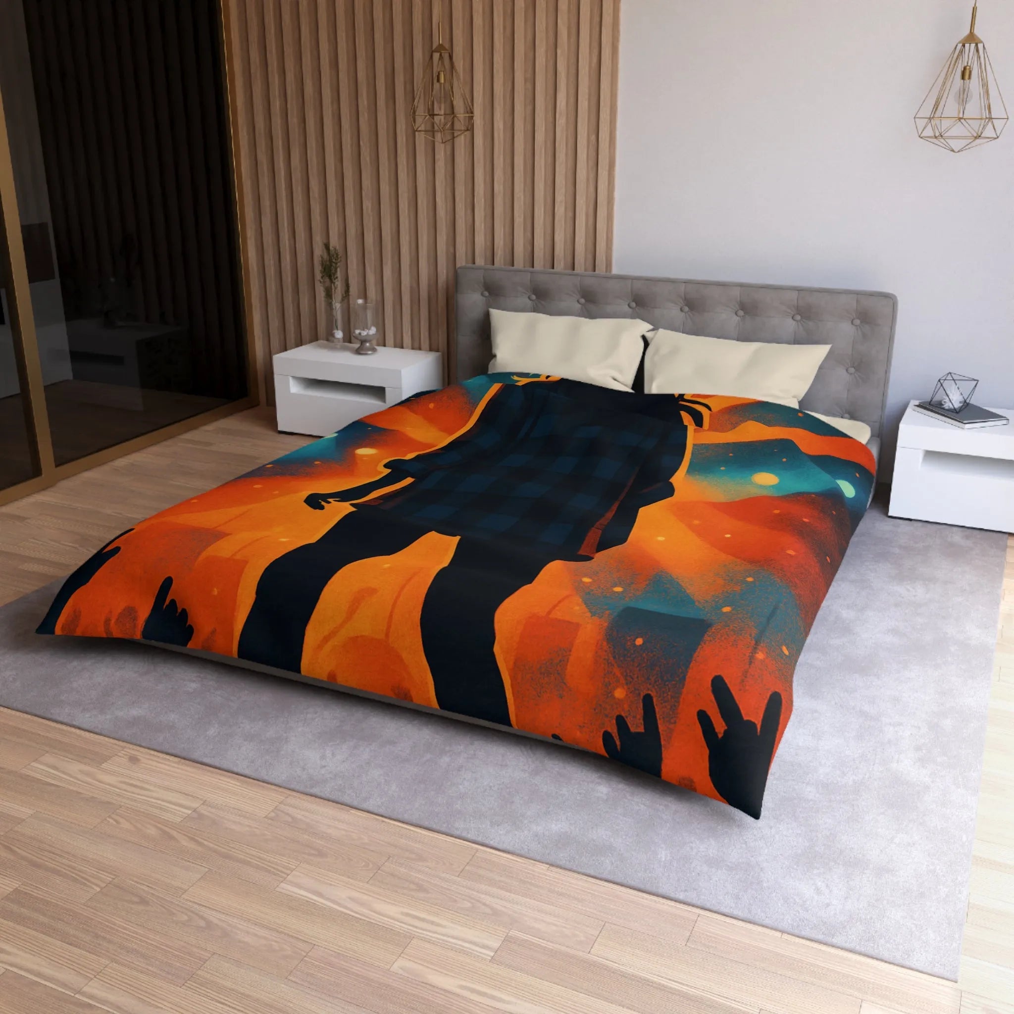 Housse de couette concert silhouette musicien rétro rayons de lumière colorés scène