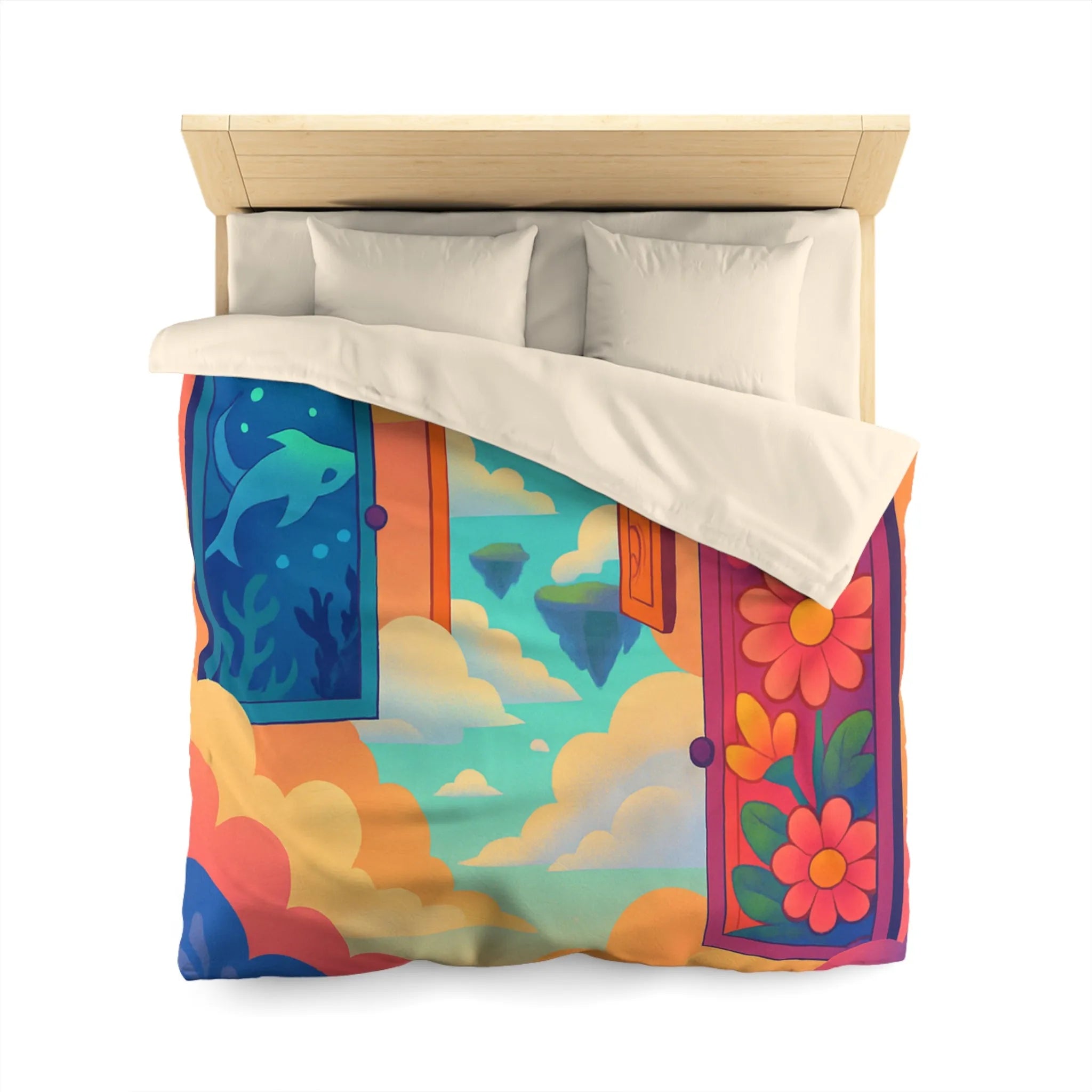 Housse de couette colorée avec trois portes magiques et paysages oniriques enchanteurs