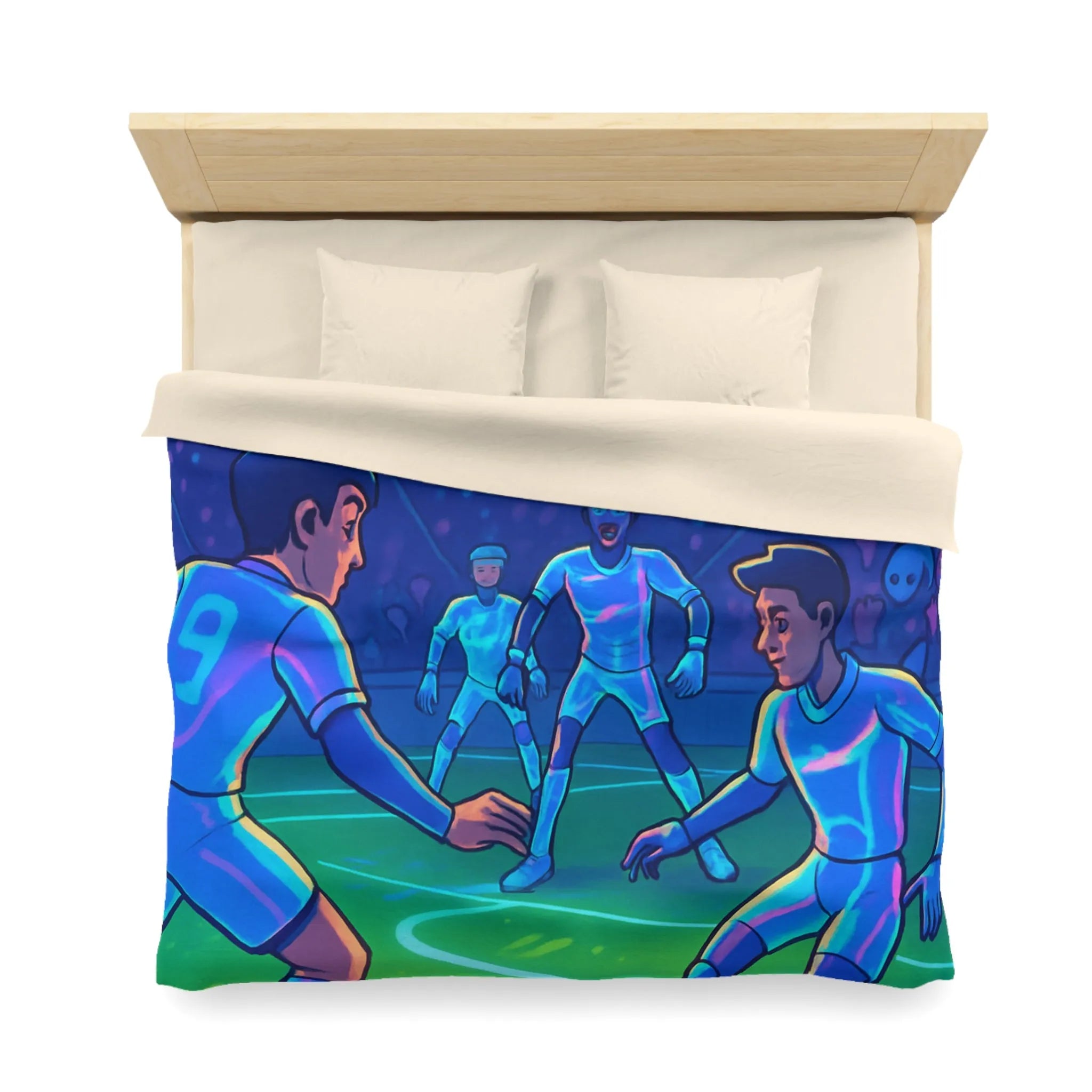 Housse de Couette de Football Futuriste avec Joueurs et Public dans un Stade Éclairé
