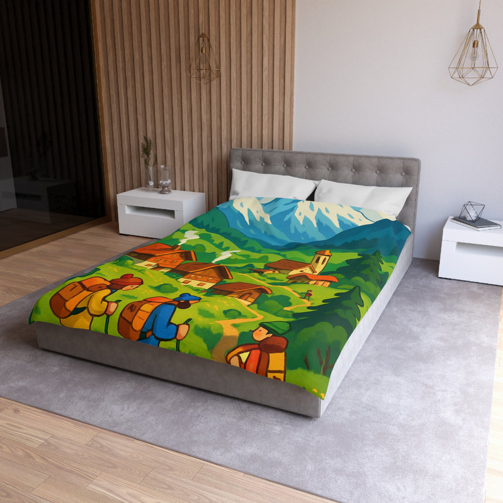 Housse de Couette Montagne avec Aventureurs, Chalets et Paysage Montagnard Enneigé