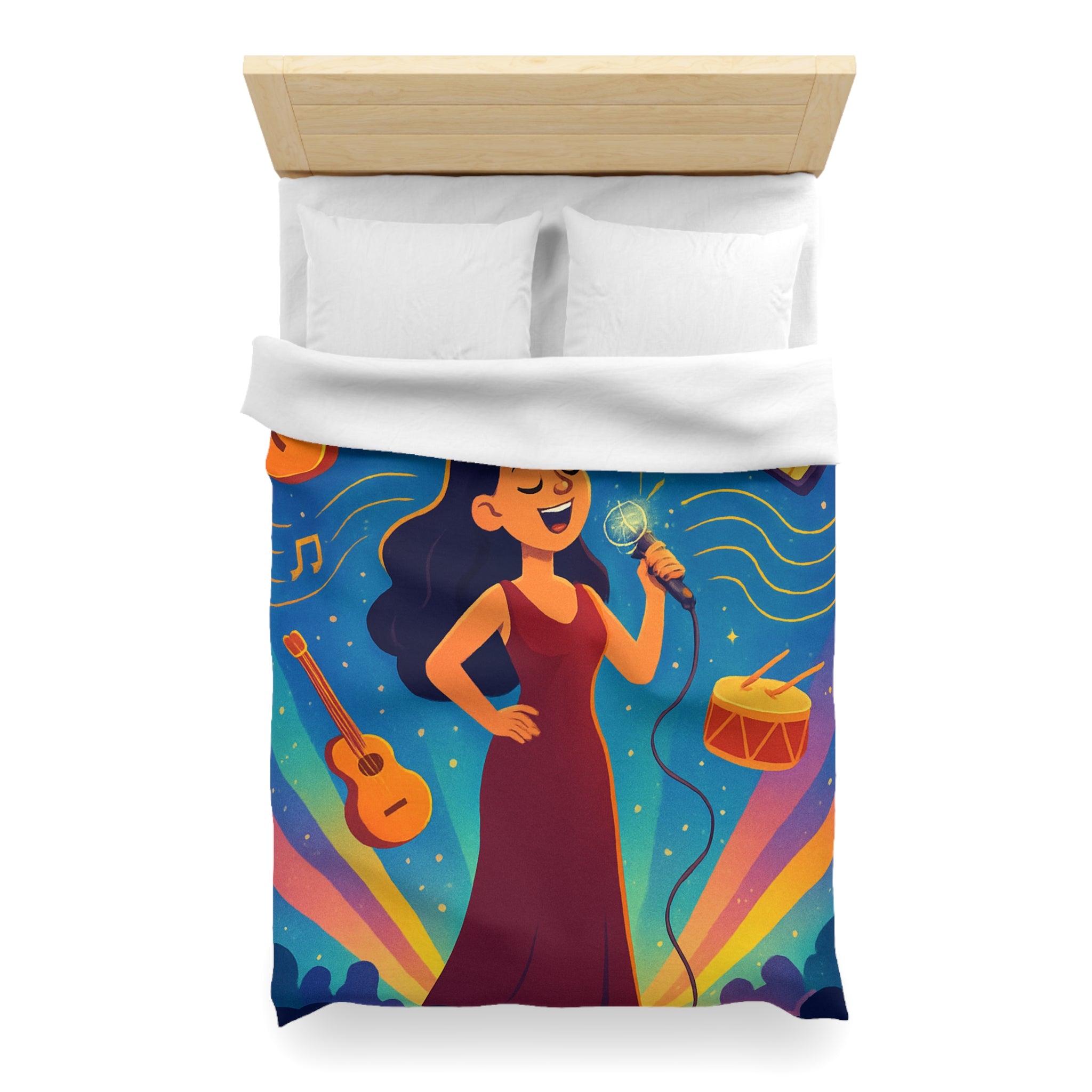 Housse de couette vibrante avec scène musicale, chanteuse et instruments illustrés colorés