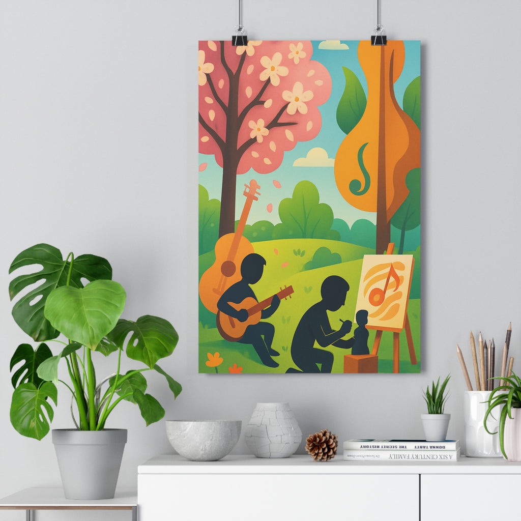 Poster décoratif artistique coloré vert bleu moderne salon ambiance paisible guitare arbre nuages scène