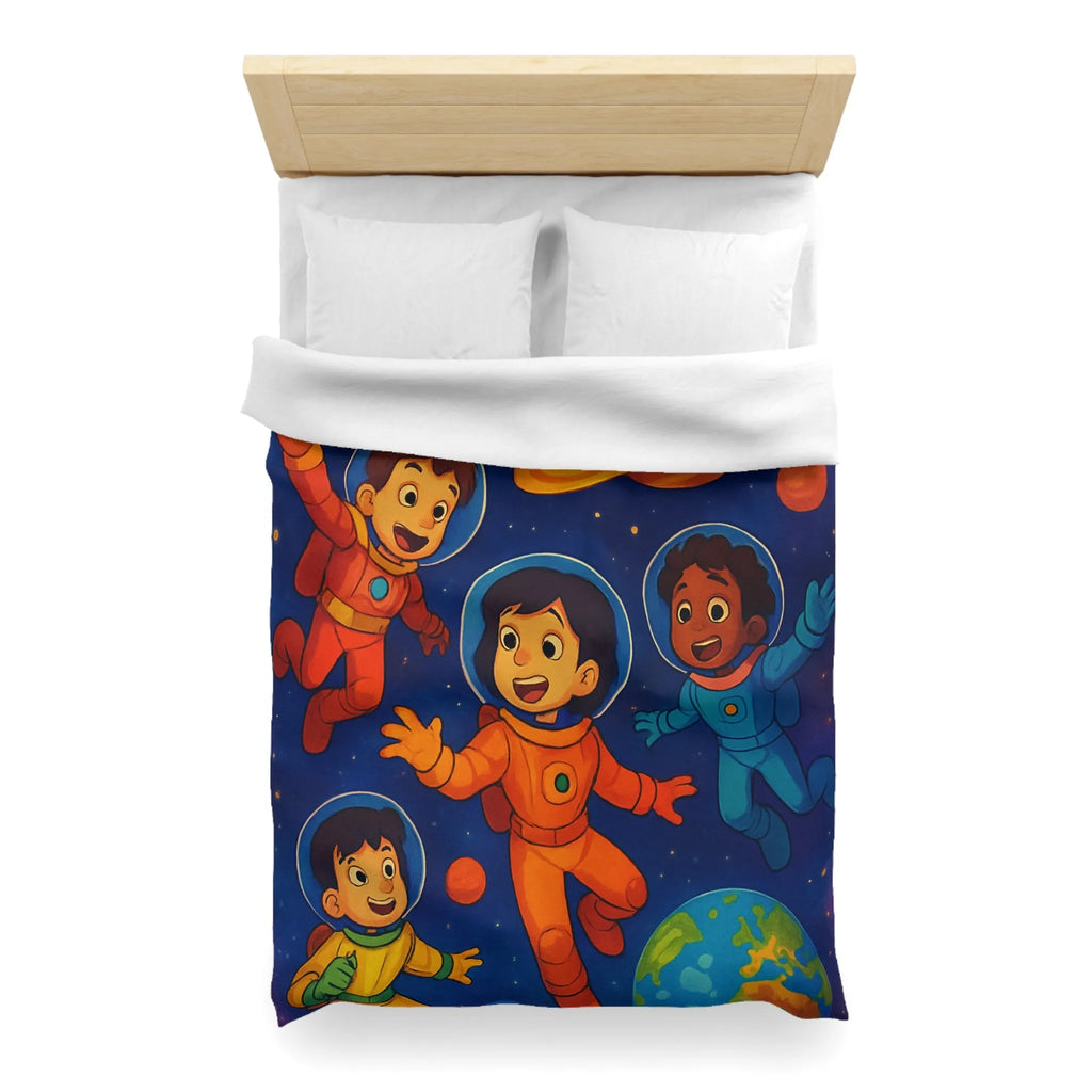 Housse de couette enfants avec astronautes joyeux flottant dans l'espace coloré et planètes