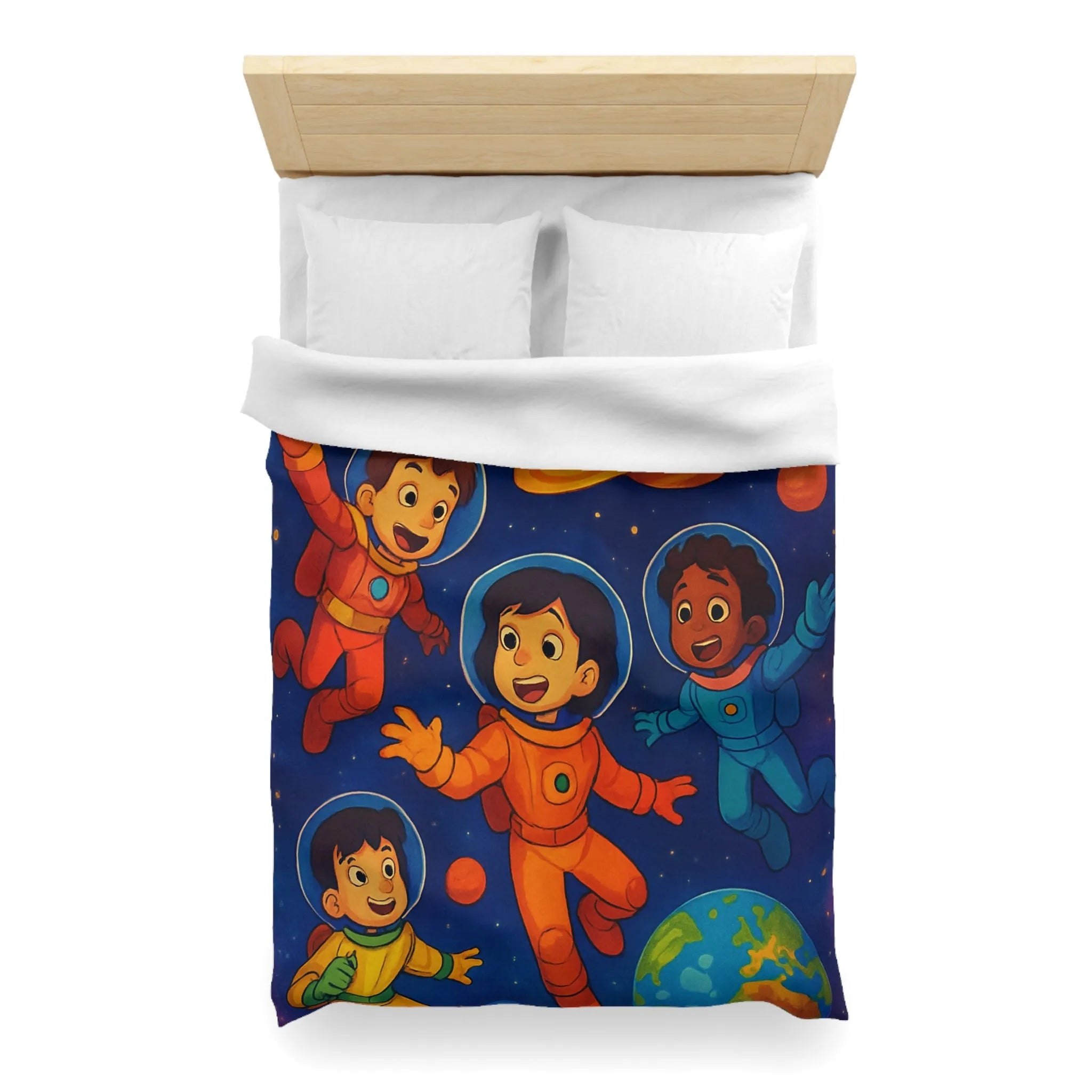 Housse de couette enfants avec astronautes joyeux flottant dans l'espace coloré et planètes