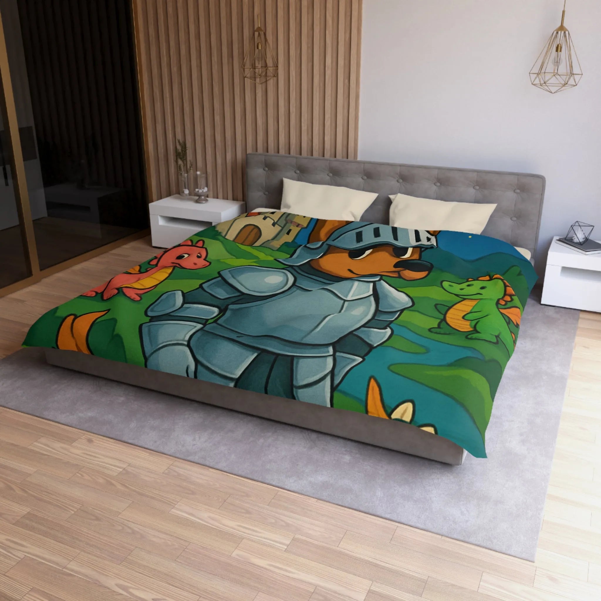 Housse de couette enfant chevalier courageux avec dragon et licorne fantastiques