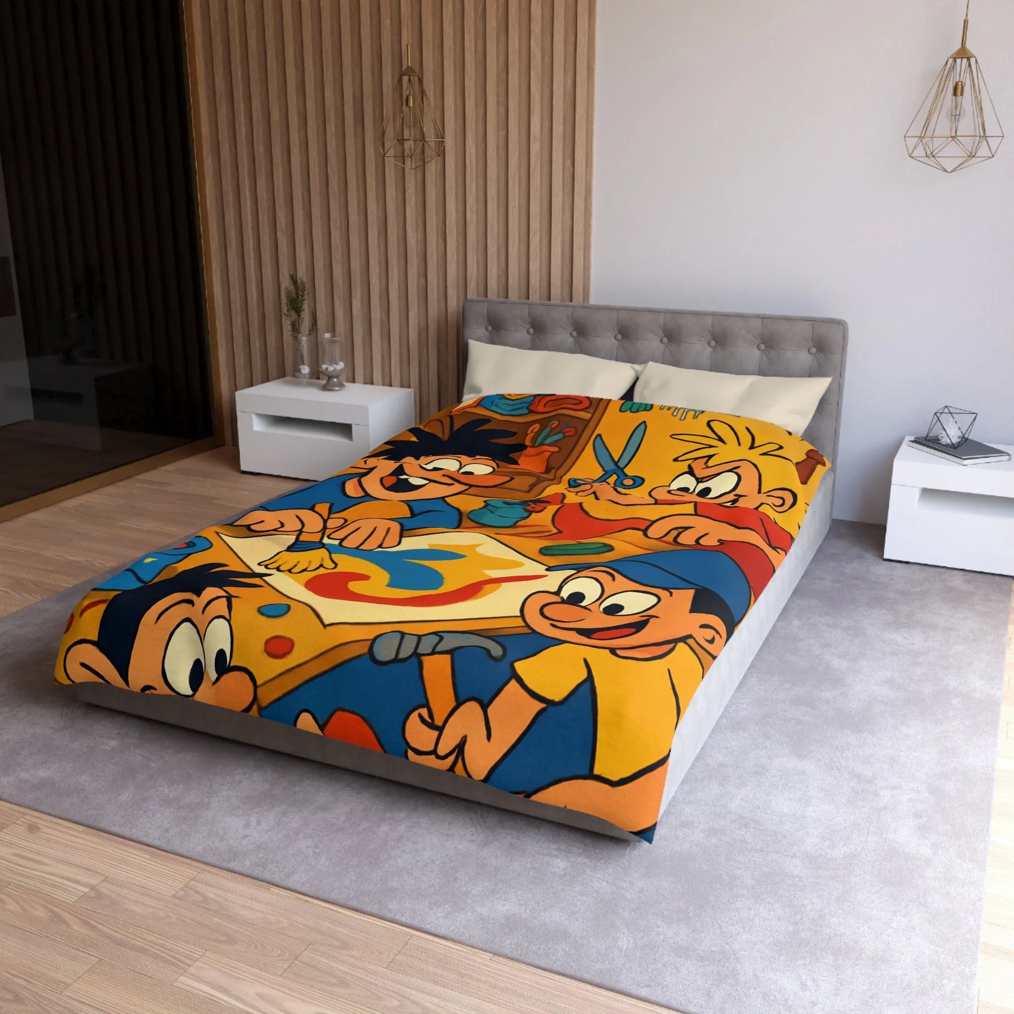 Housse de couette coloriée ludique avec enfants joyeux peignant et créant ensemble dans atelier