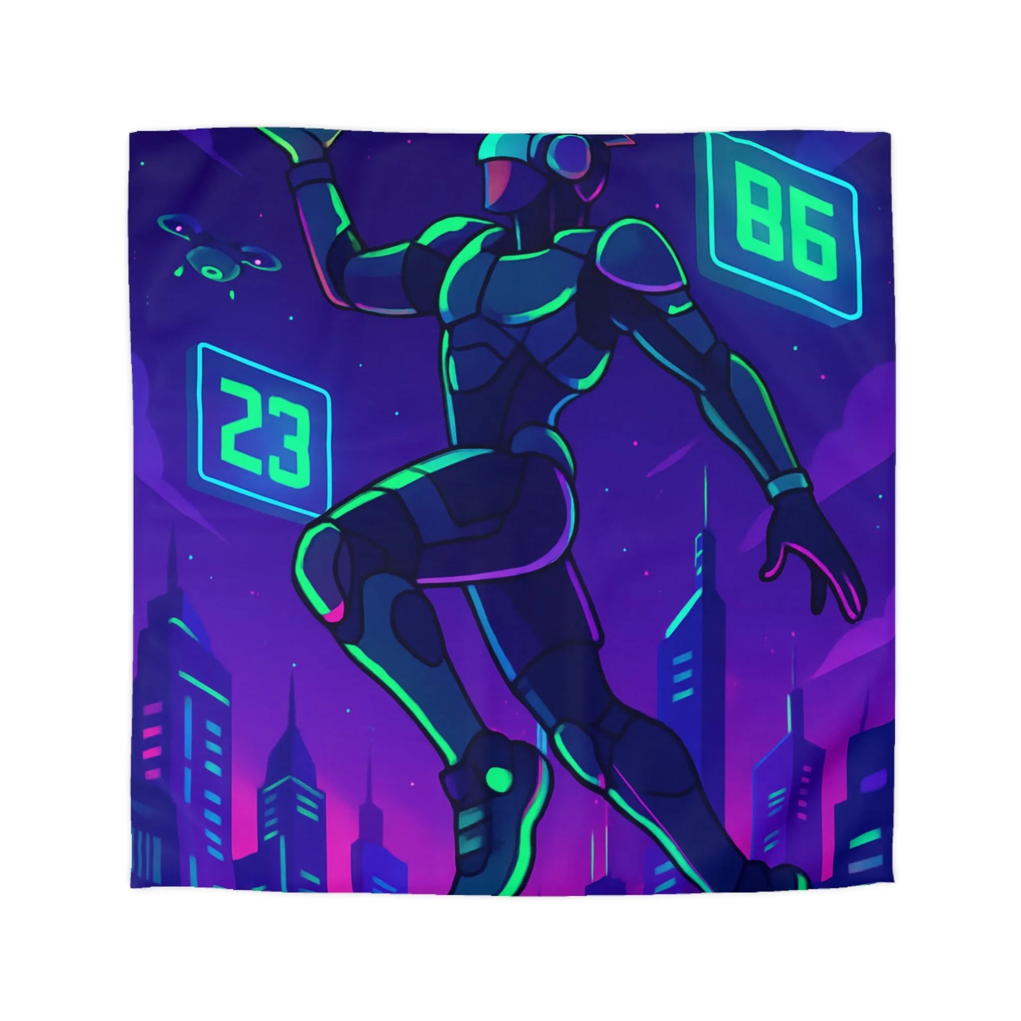 Housse de Couette Futuriste avec Robot Jouant au Basketball Lumineux dans Ville Néon