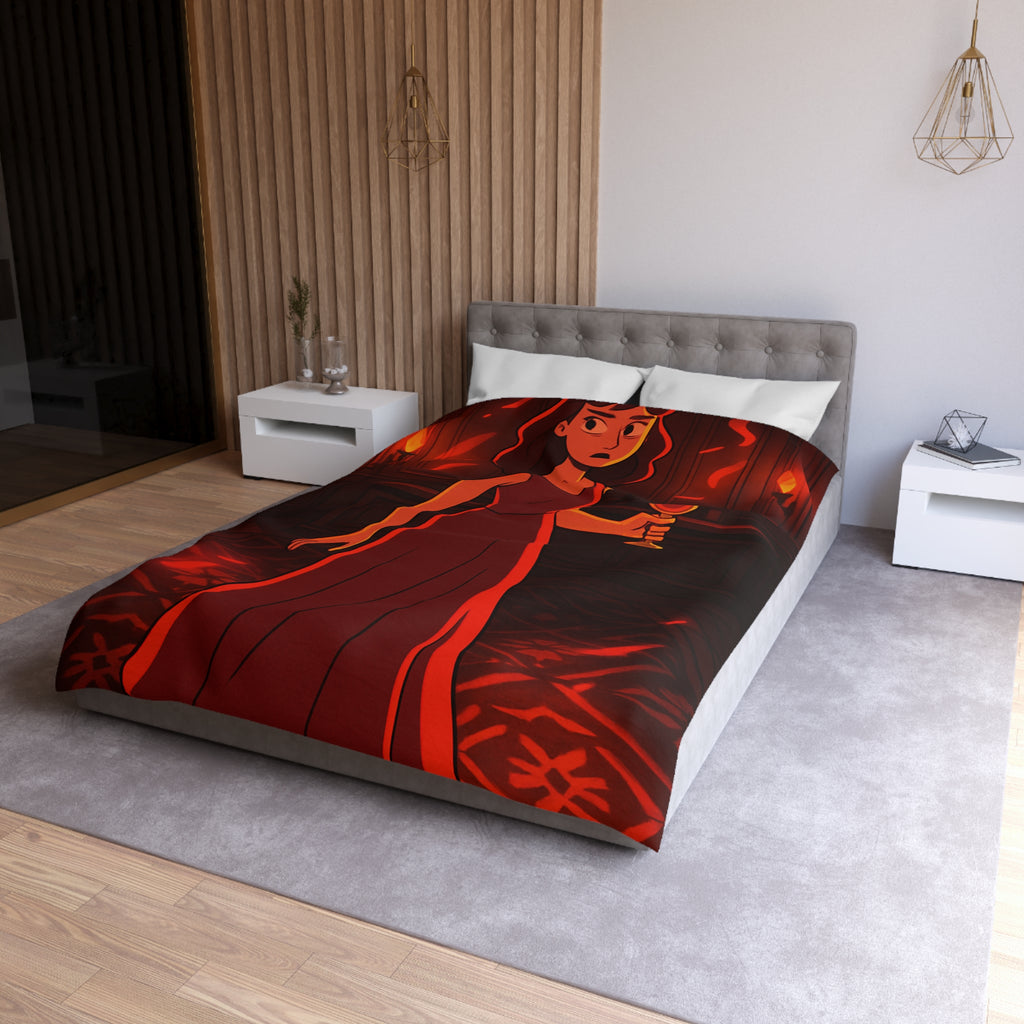 Housse de couette rouge élégante avec motif femme et reflets lumineux mystérieux