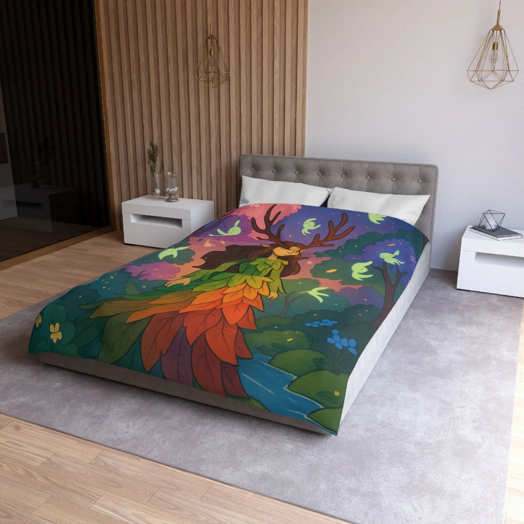 Housse de couette féerique forêt avec créatures lumineuses, design feuilles arc-en-ciel enchanteur