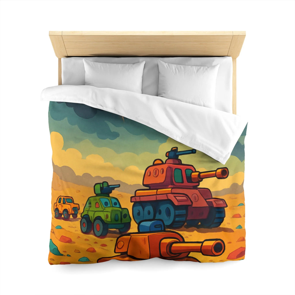 Housse de couette avec tanks colorés sur fond orageux pour chambre enfant unique