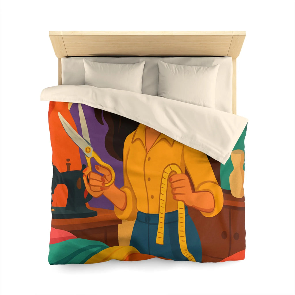 Housse de couette colorée avec motifs de couturière, outils et mannequins élégants