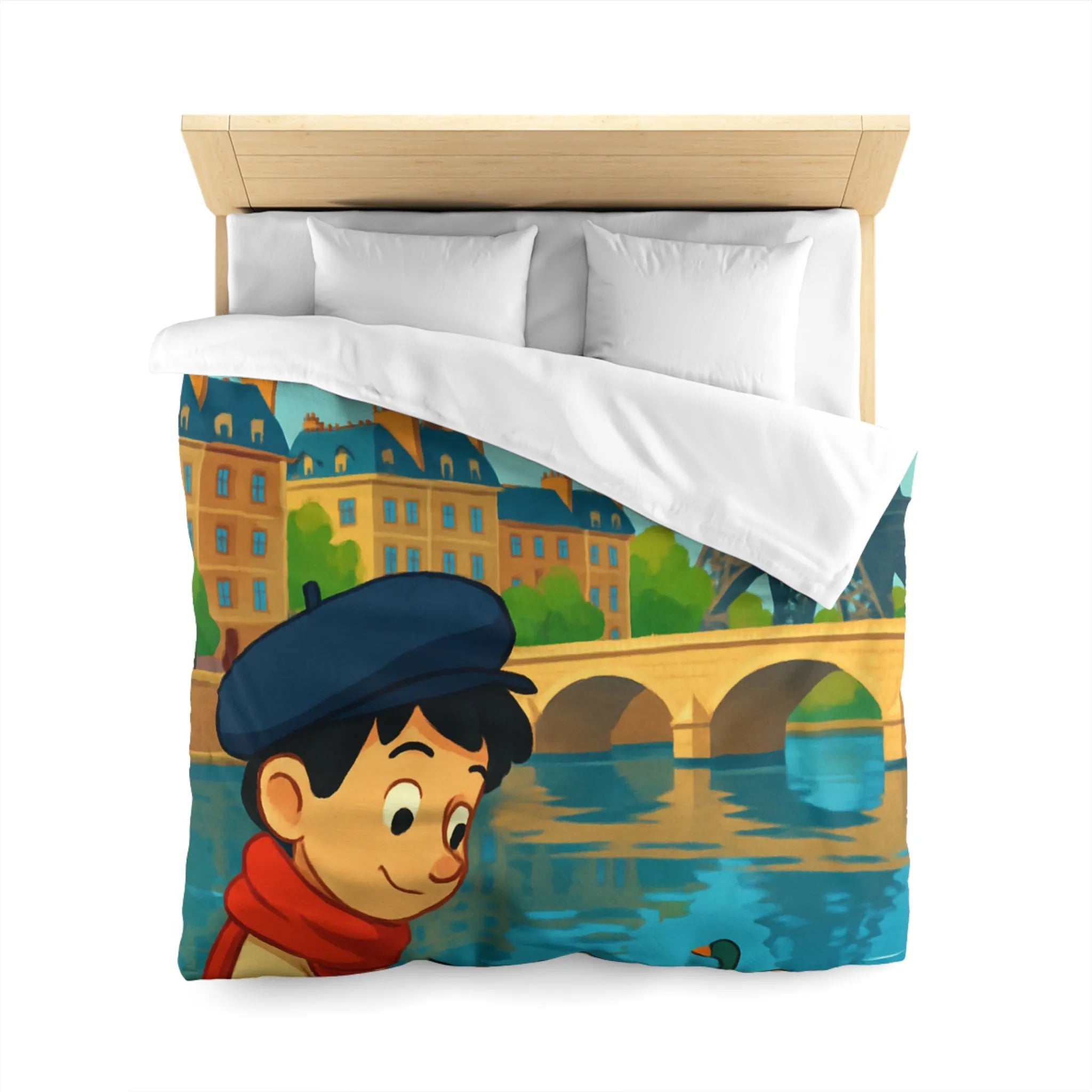 Housse de Couette Artistique Parisienne avec Enfant et Tour Eiffel au Printemps