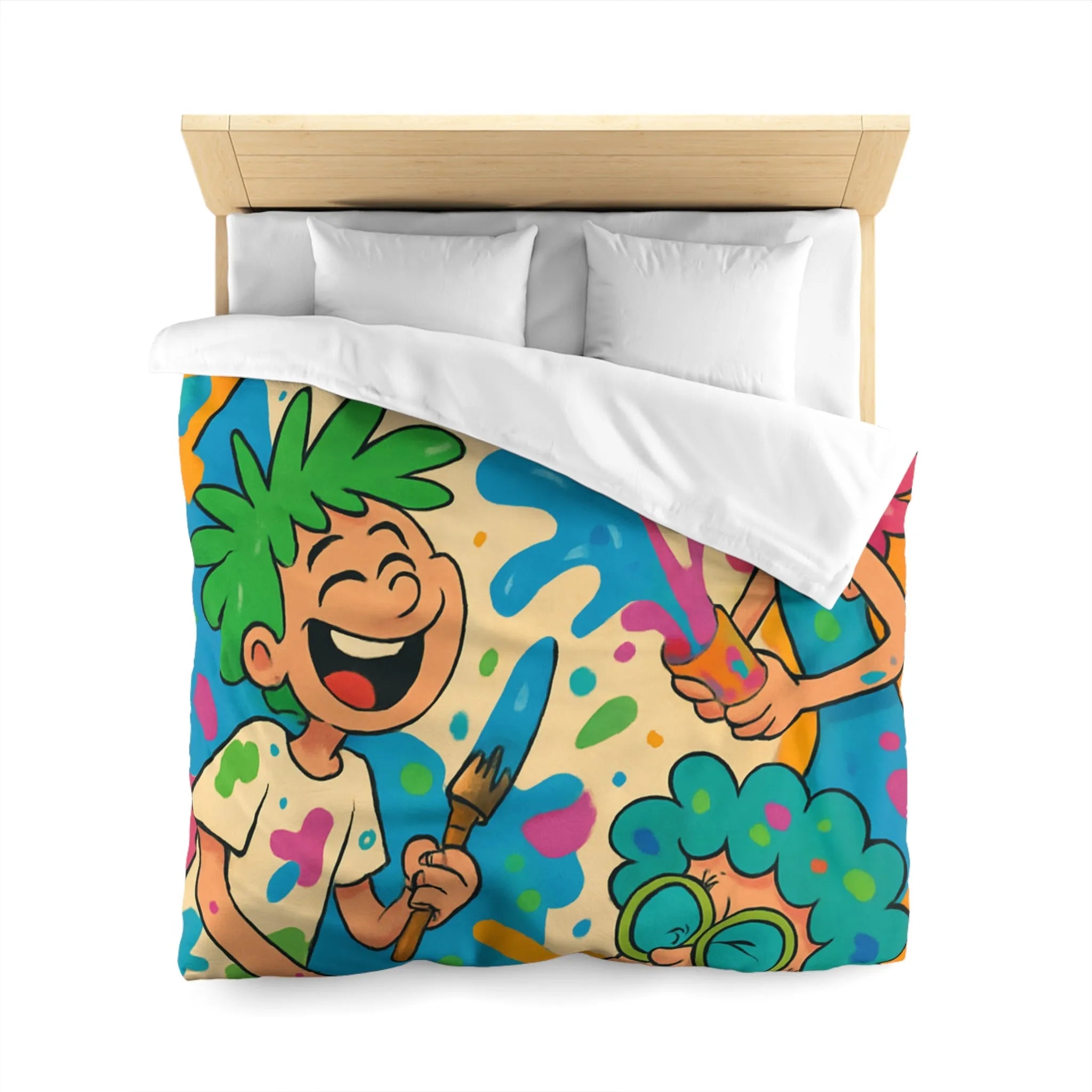 Housse de couette colorée pour enfants avec personnages joyeux et éclaboussures de peinture