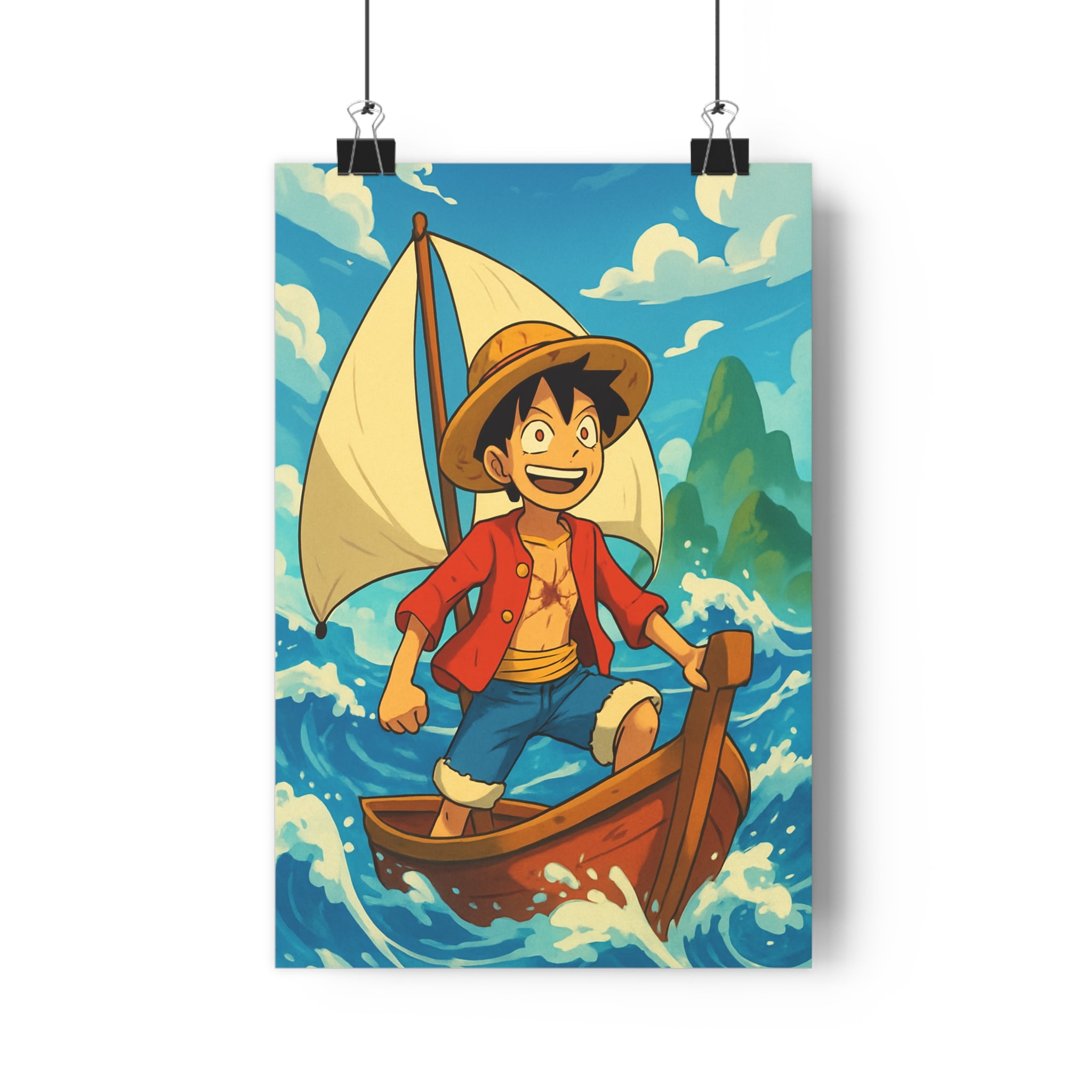 Poster décoratif aventurier cartoon chapeau paille bleu mer joyeux enfant chambre nuages dynamique bateau