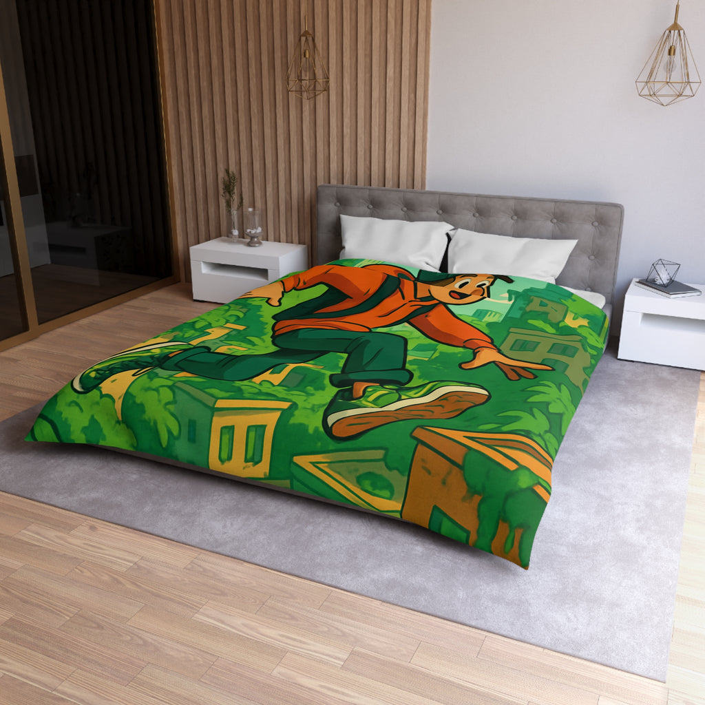 Housse de Couette Motif Urbain Vert avec Garçon Aventurier en Tenue Décontractée