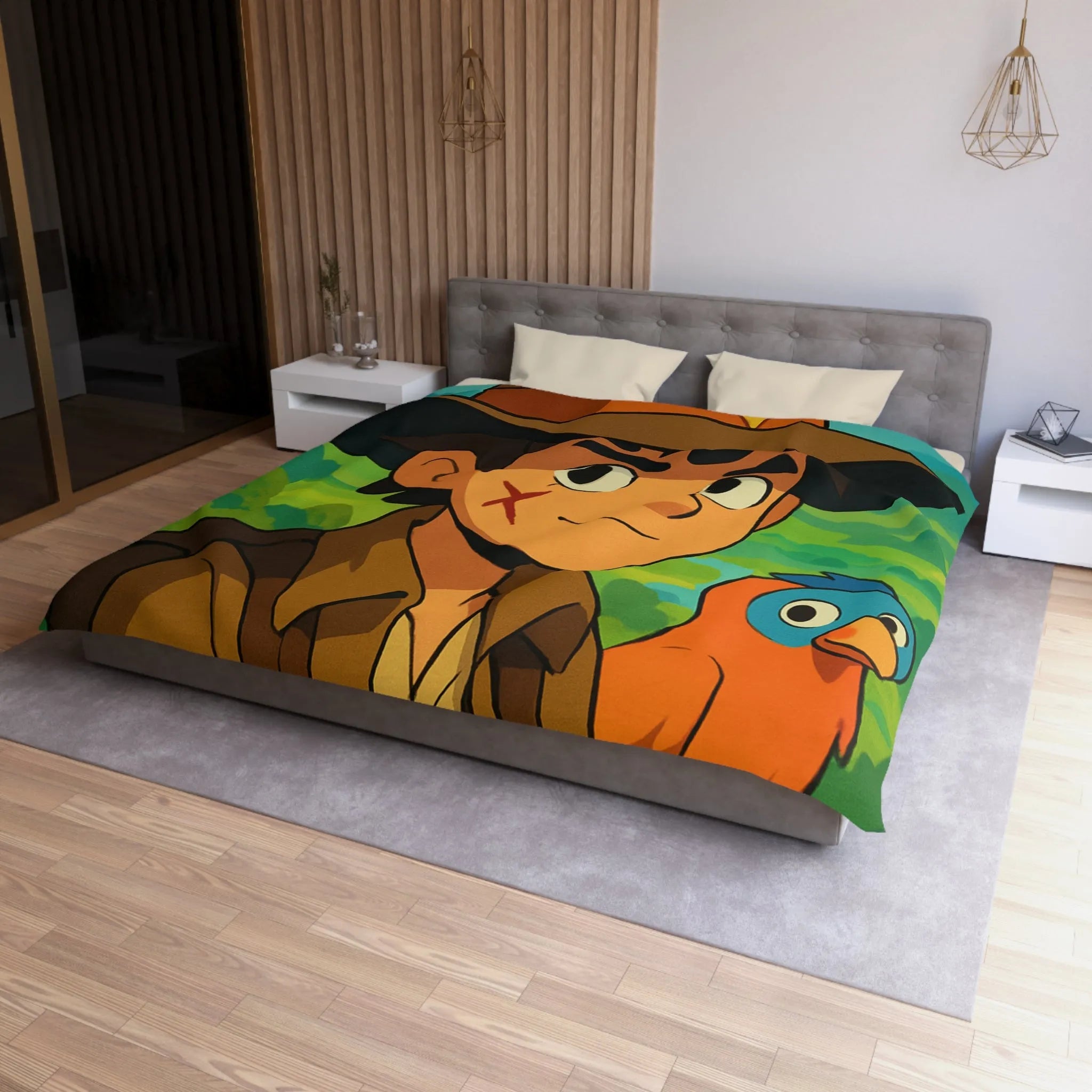 Housse de Couette Enfant Aventure Jungle avec Explorateur et Perroquet Coloré
