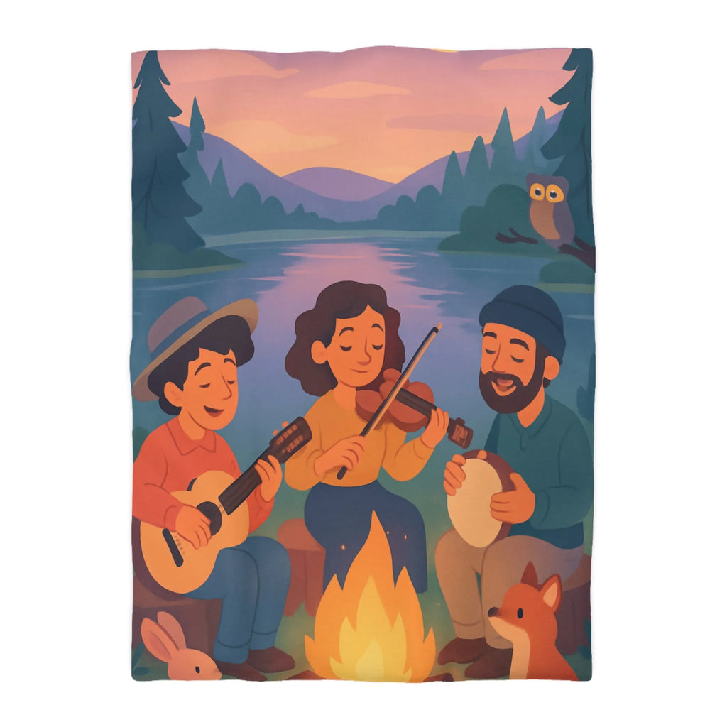 Housse de Couette avec Musiciens et Animaux Près du Feu de Camp au Crépuscule