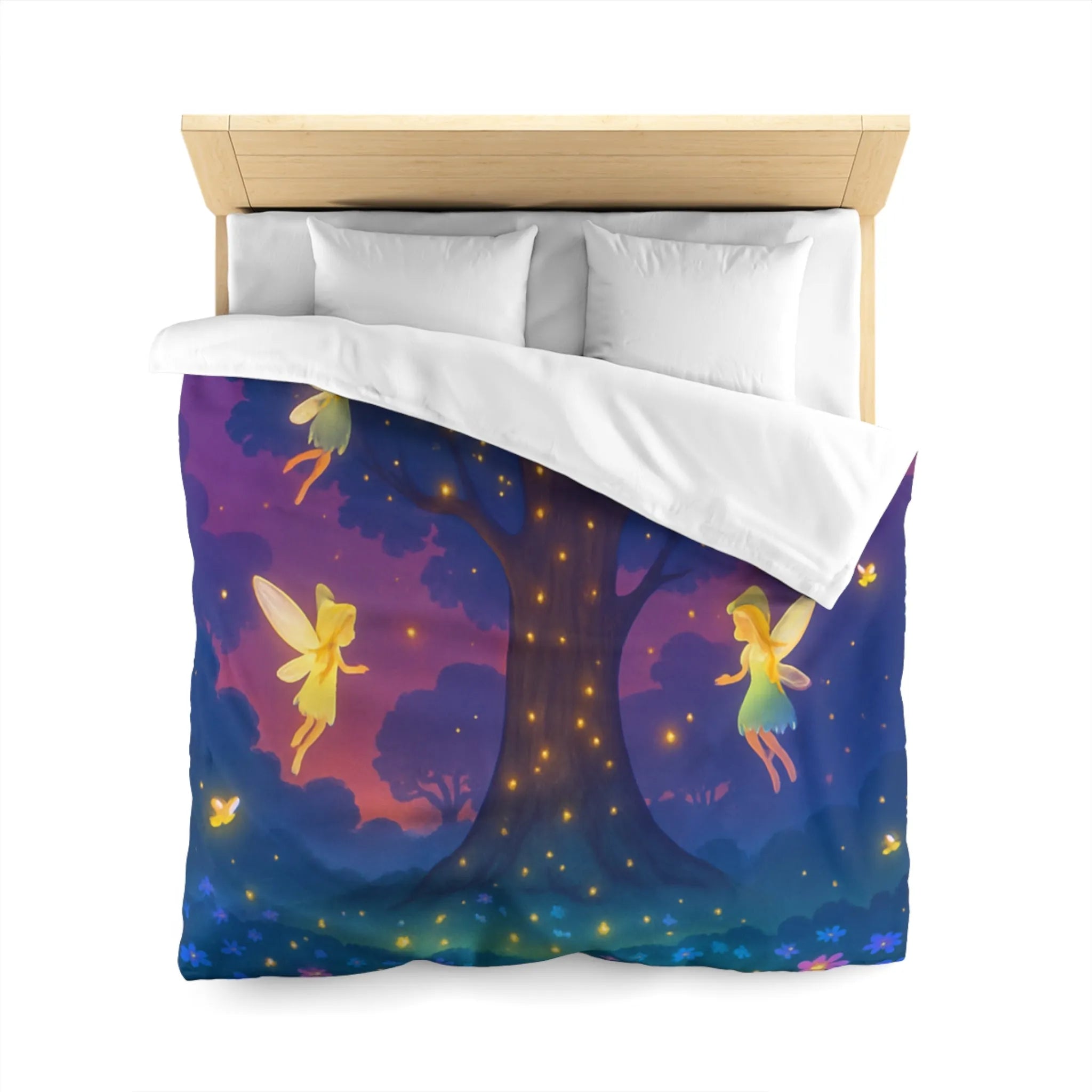 Housse de couette féérique avec fées lumineuses et fleurs colorées pour chambre magique