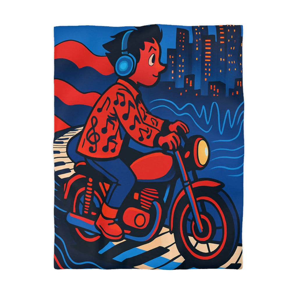 Housse de Couette Design Moderne: Motard Musicien dans Ville Lumineuse et Colorée
