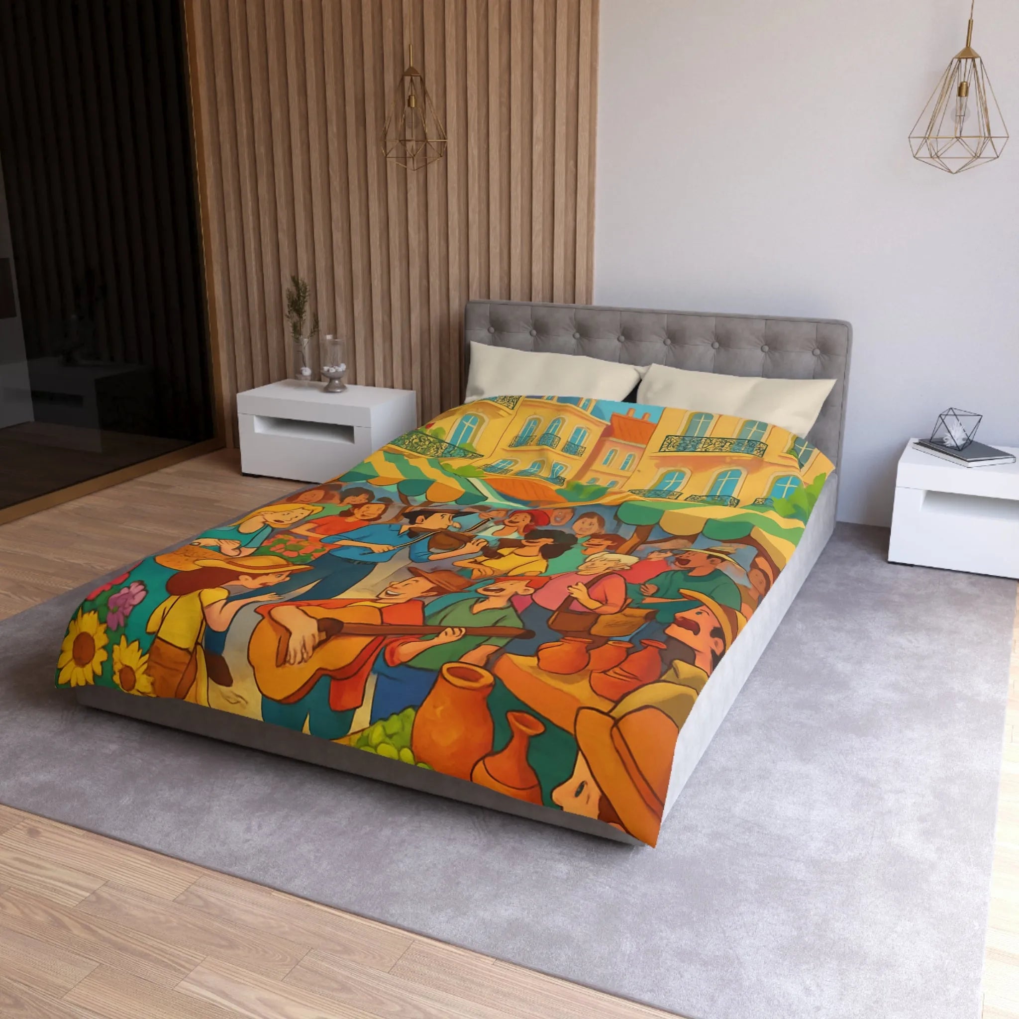 Housse de couette colorée avec scène de marché animé et ambiance joyeuse en plein air