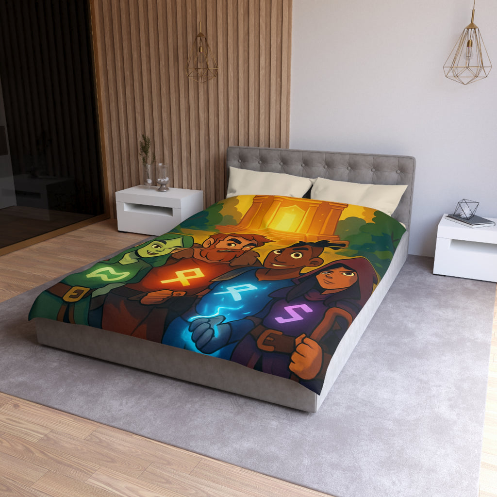 Housse de couette vibrant avec aventure illustrée de quatre héros devant un ancien temple