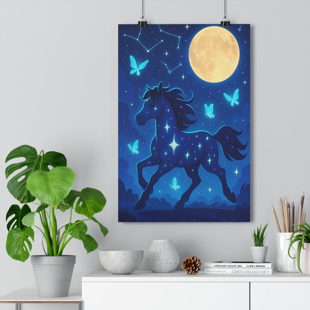 Poster décoratif cheval féérique bleu or magie mystique chambre enfant ambiance rêve étoilé lumineux