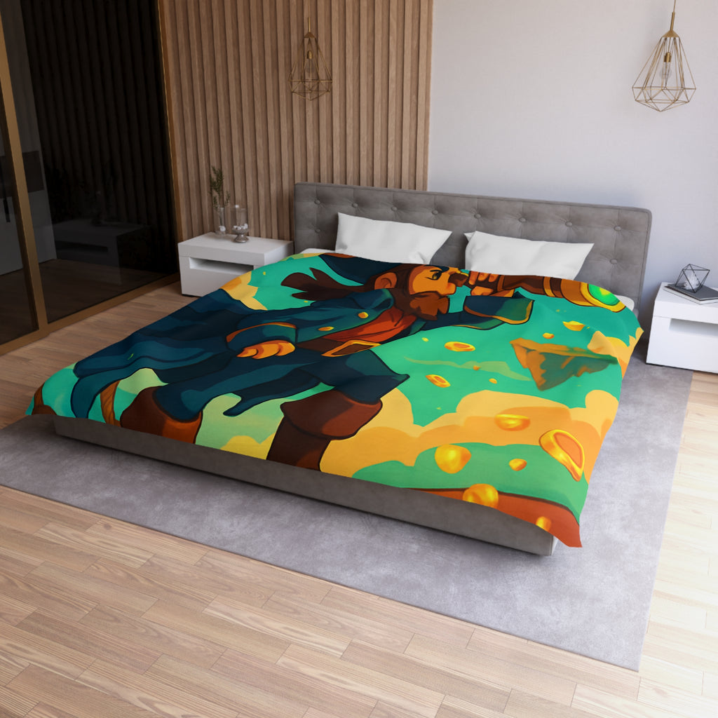 Housse de couette pirate vibrant bleu avec trésor doré et nuages flottants