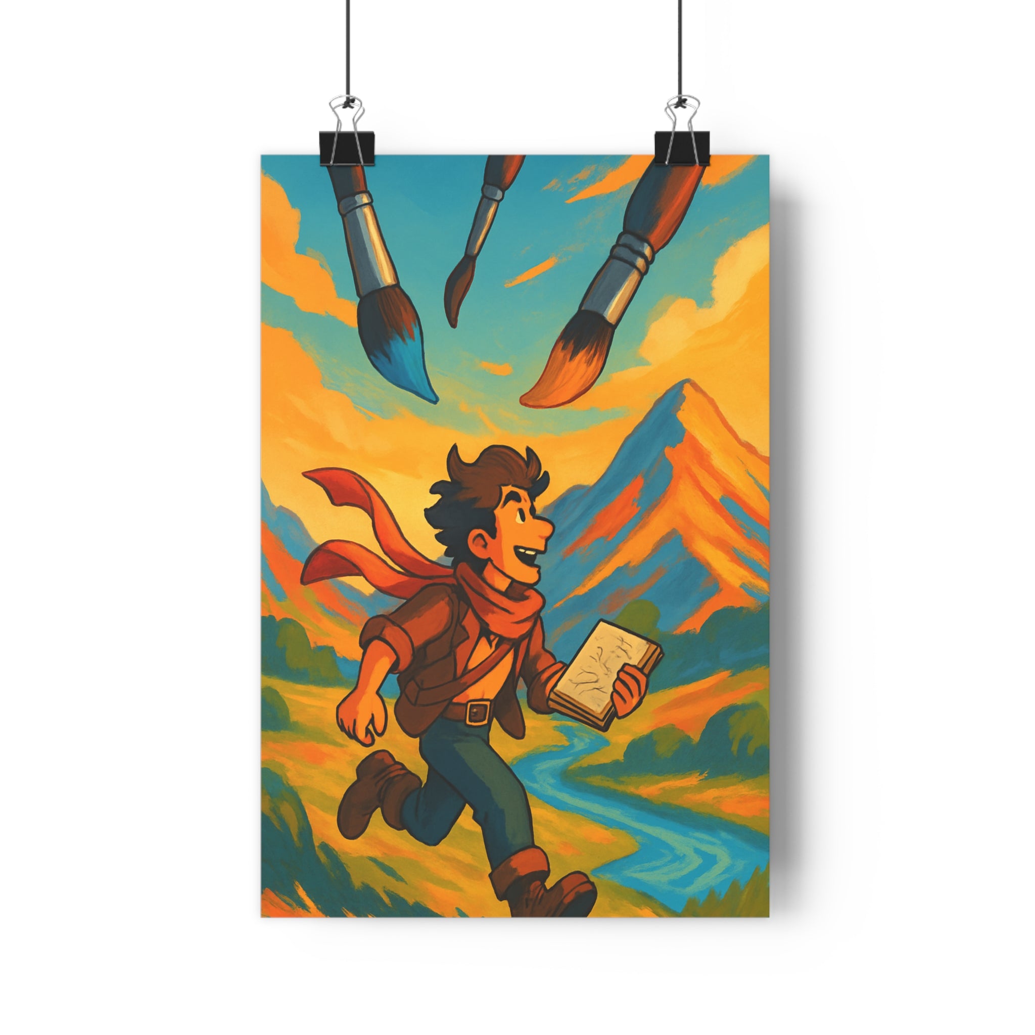 Poster décoratif fantaisie cartoon bleu orange joyeux dynamique paysage montagne chambre enfant créatif ambiance