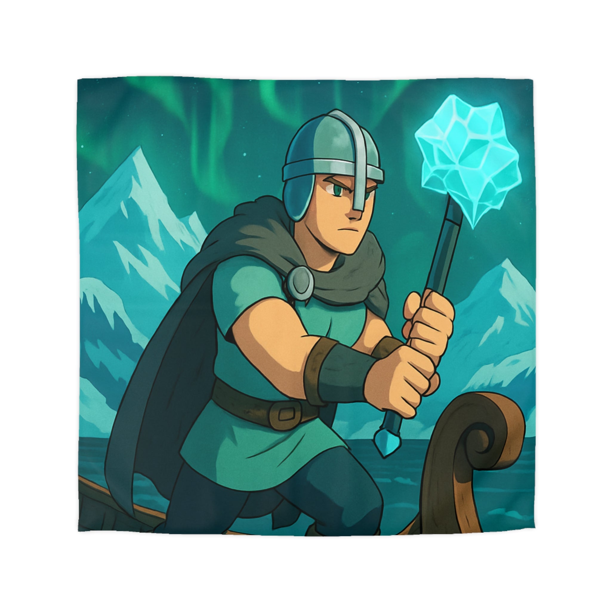 Housse de couette viking avec aurore boréale, bateau en bois et montagnes enneigées