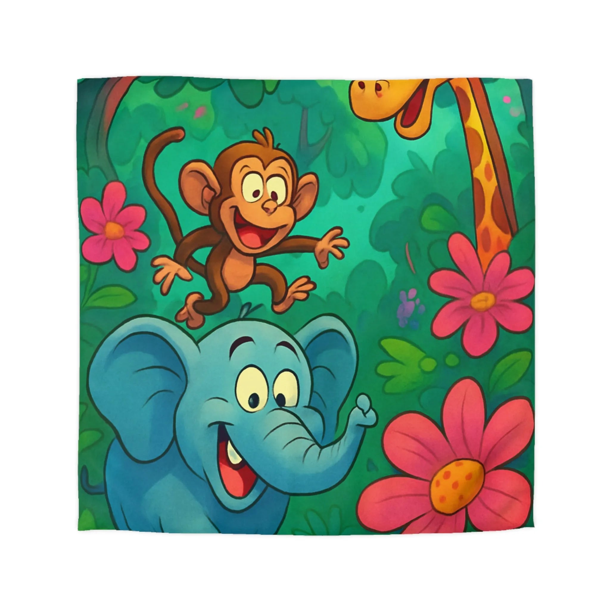 Housse de couette jungle avec animaux colorés pour chambre d'enfant, motif éléphant et girafe