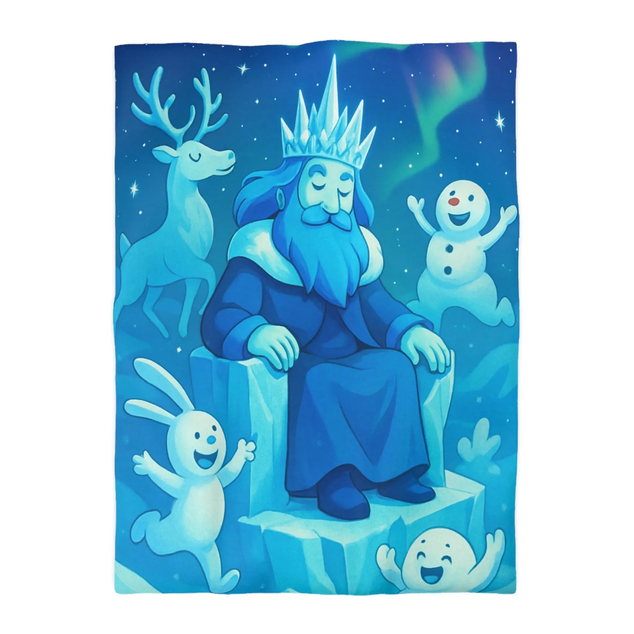 Housse de couette bleue roi de glace avec animaux et aurore boréale hivernale festive