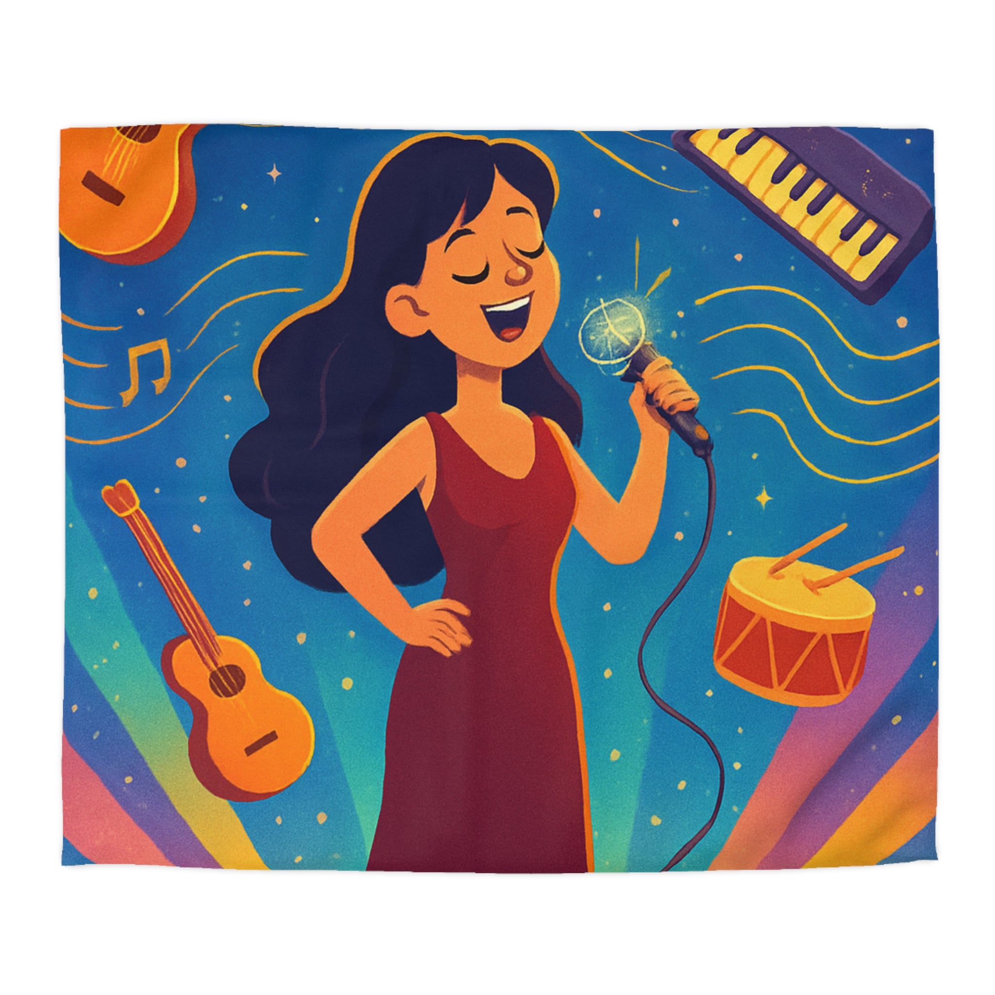 Housse de couette vibrante avec scène musicale, chanteuse et instruments illustrés colorés