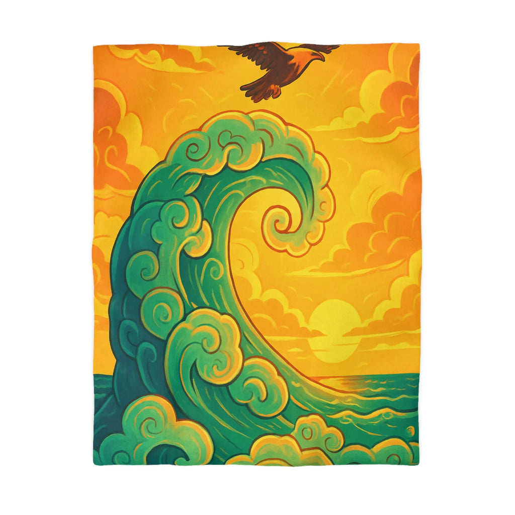 Housse de couette artistique avec vague stylisée et aigle en vol au coucher du soleil