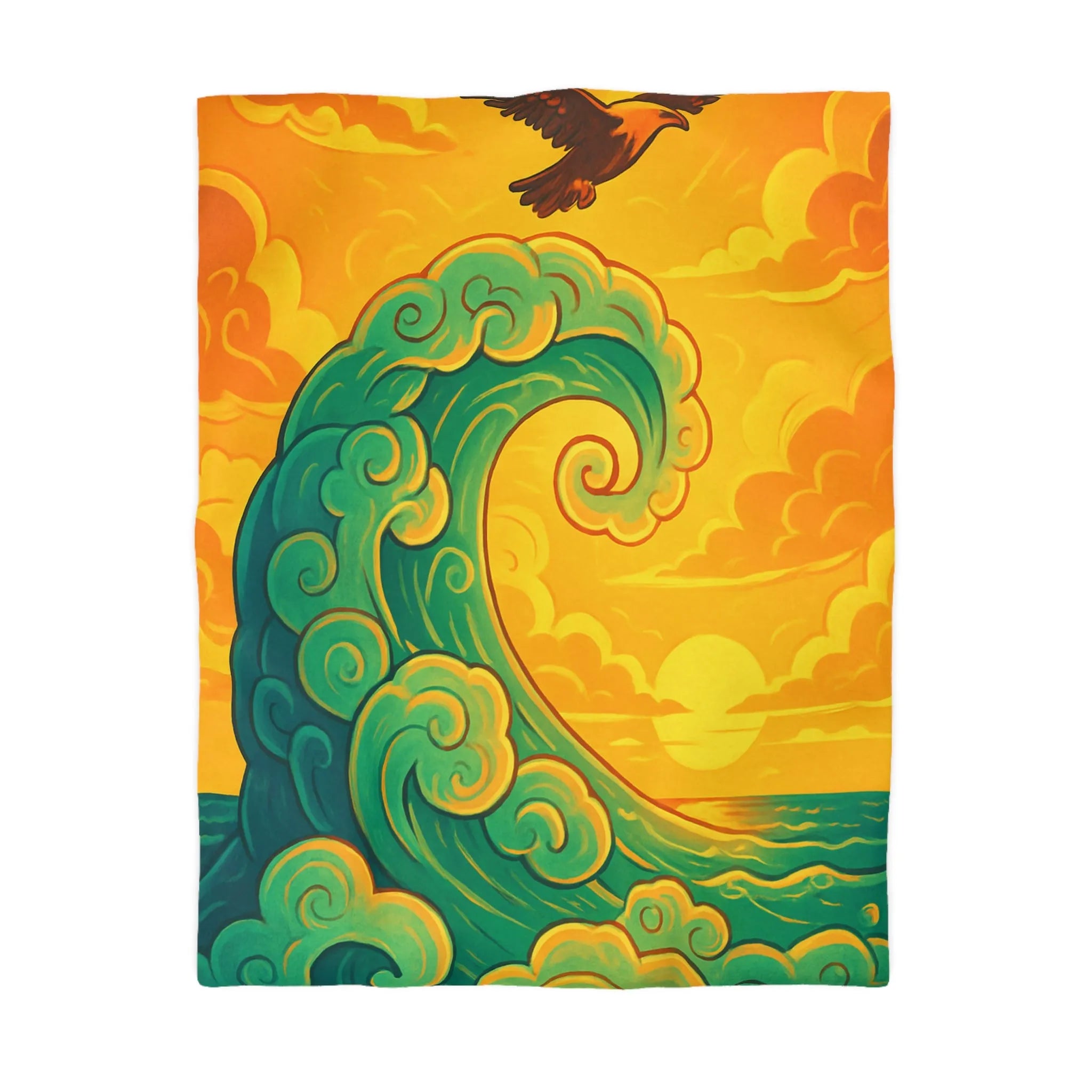 Housse de couette artistique avec vague stylisée et aigle en vol au coucher du soleil