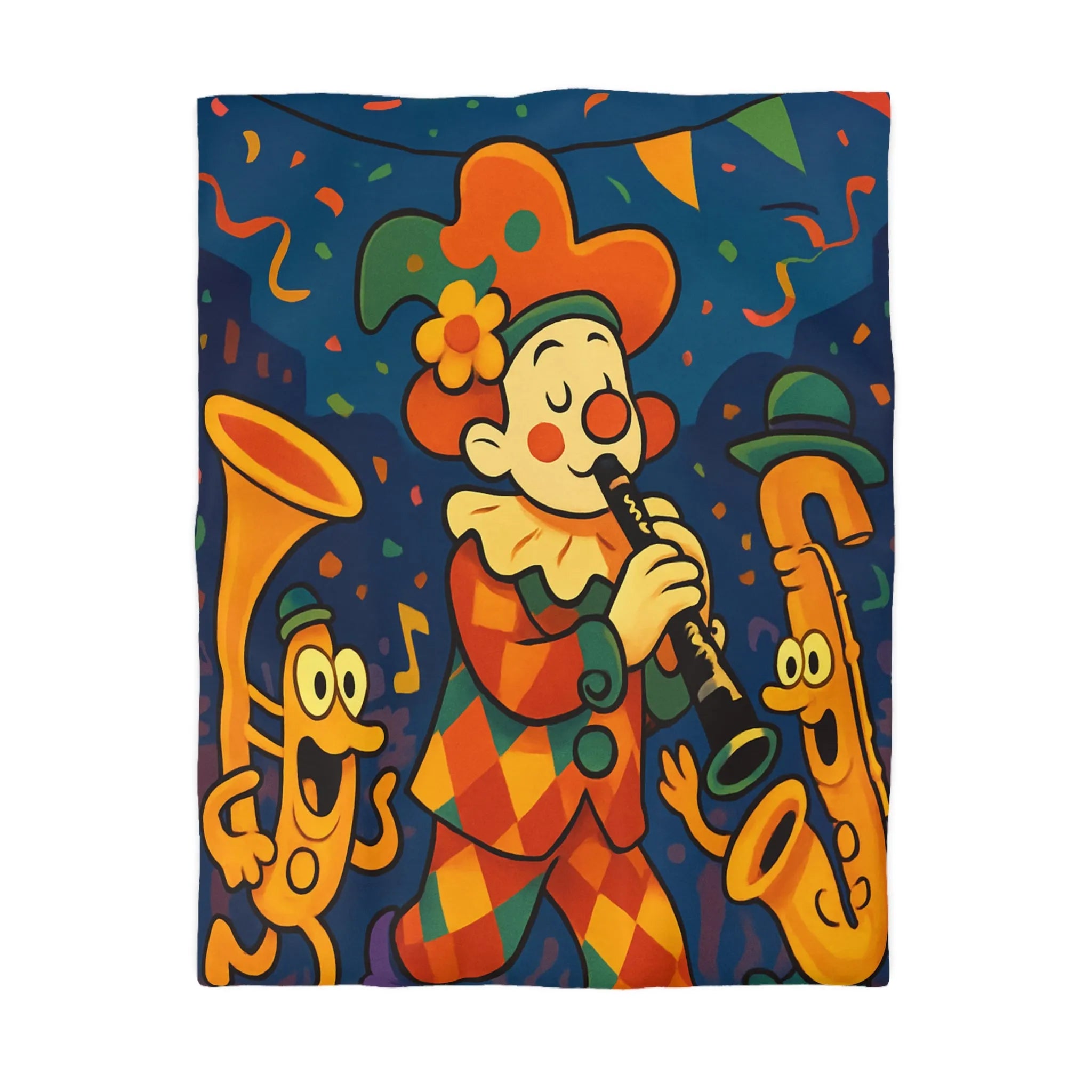 Housse de Couette Fantaisiste avec Clown et Instruments dans Parade Colorée et Lumineuse