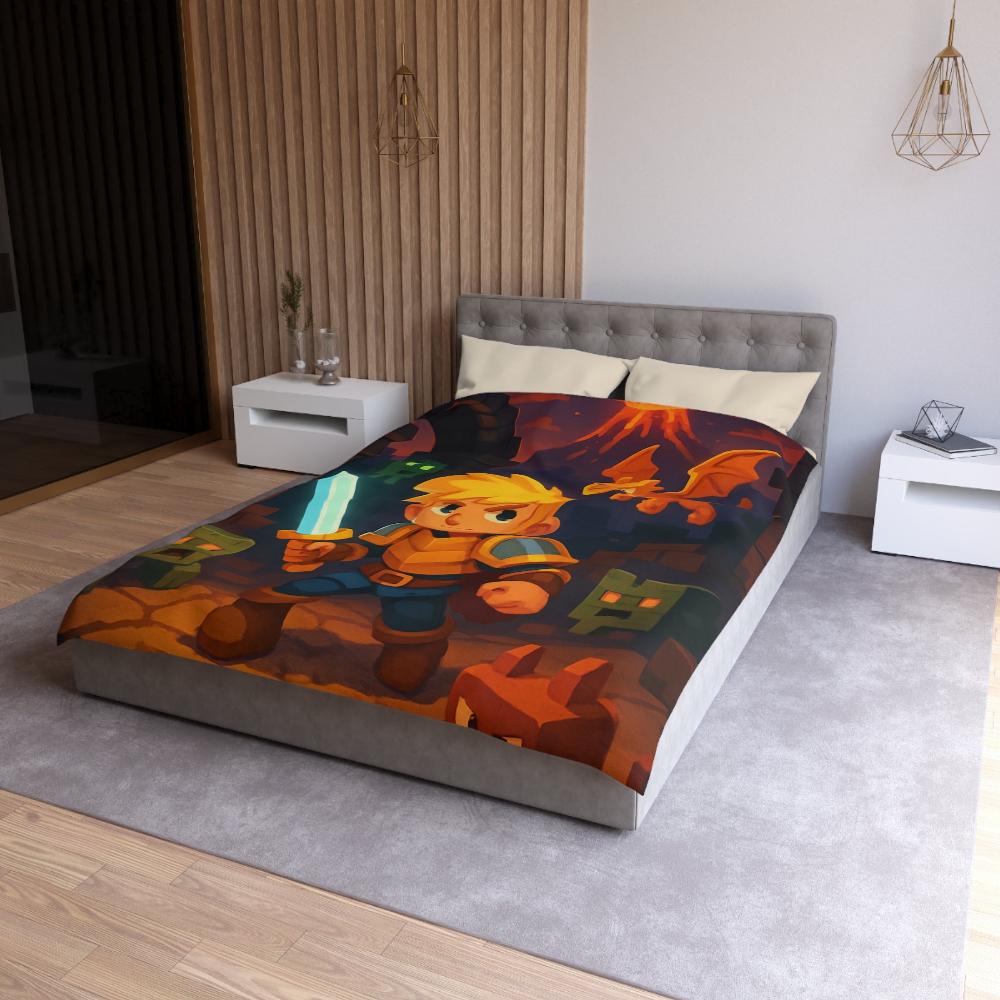 Housse de couette épique avec héros, dragon, volcan en feu et créatures cubiques