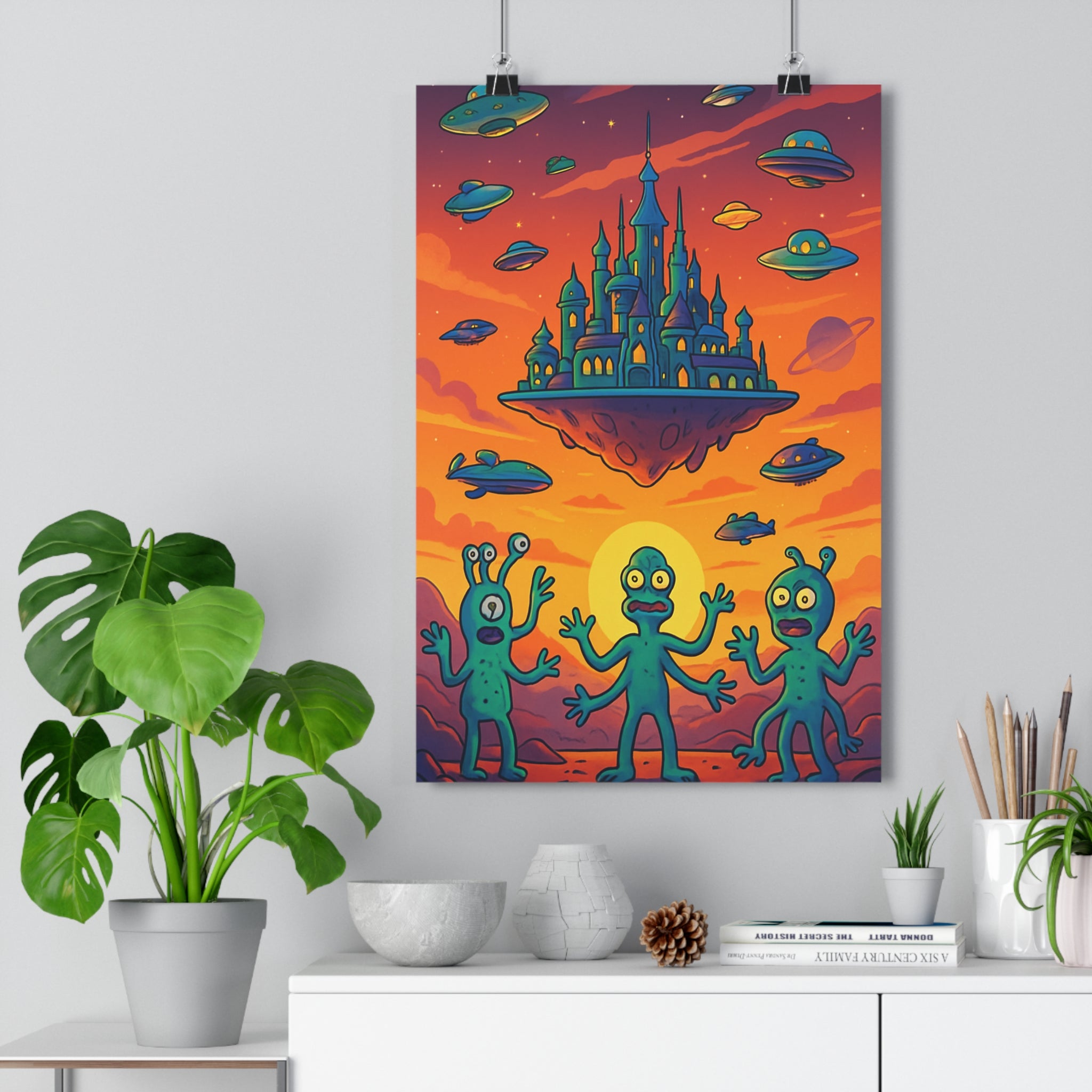 Poster décoratif intergalactique coloré orange violet aventure cartoon chambre salon unique 30x46 tendance qualité