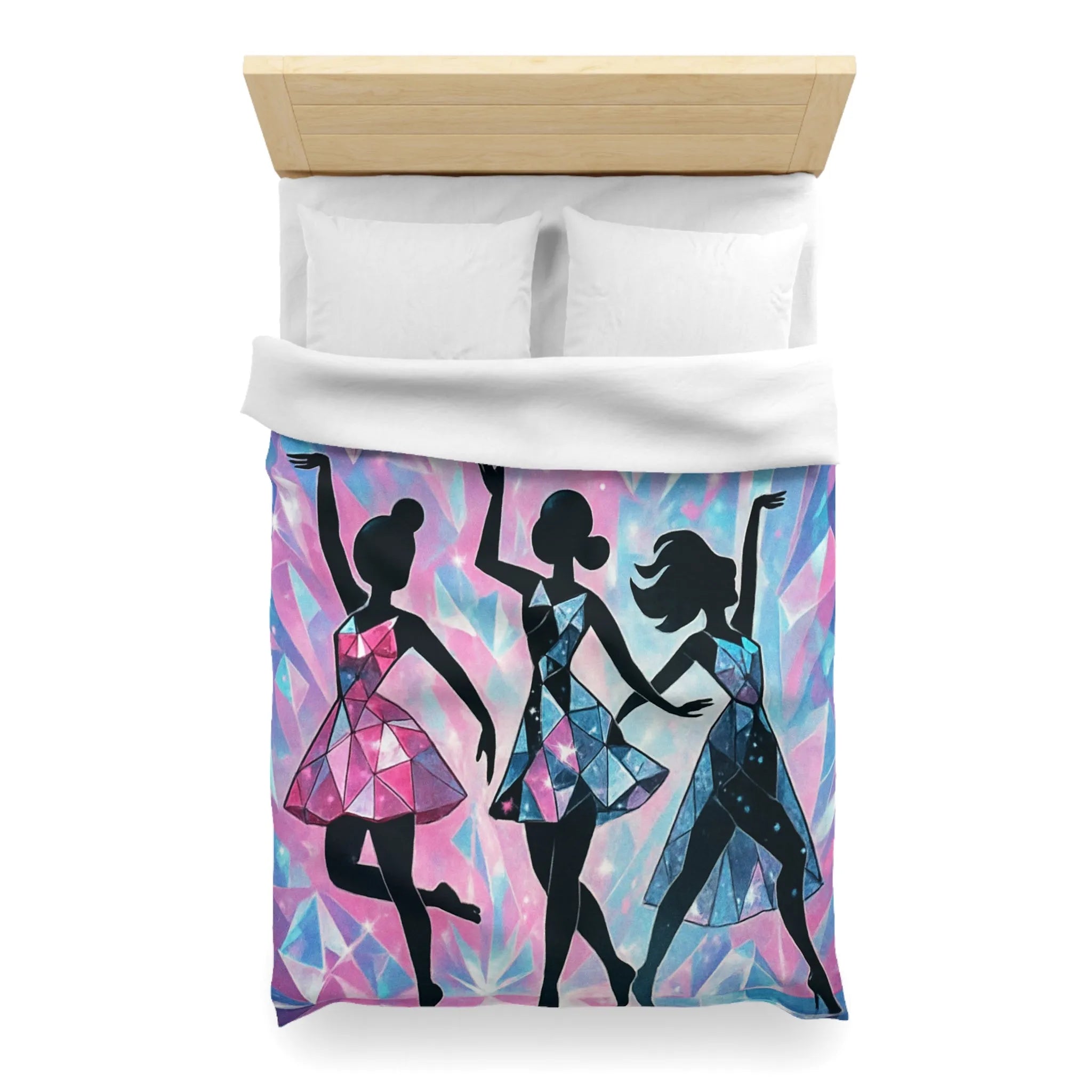 Élégantes silhouettes de danseuses avec motifs géométriques sur fond cristallin scintillant